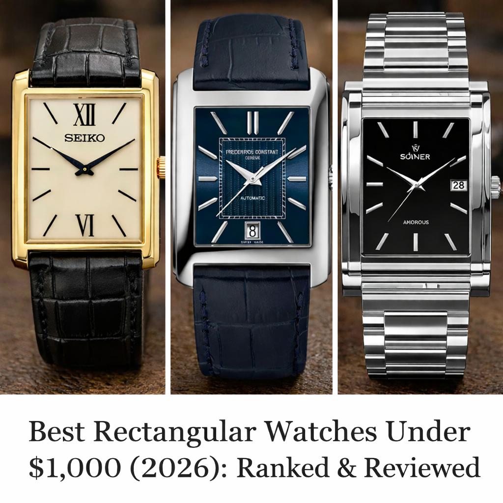 SÖNER Amorous (right), Seiko SUP880 (left), Frederique Constant (centre) - photographed on neutral grey felt, overhead angle, consistent lighting to show lug-to-lug proportions.