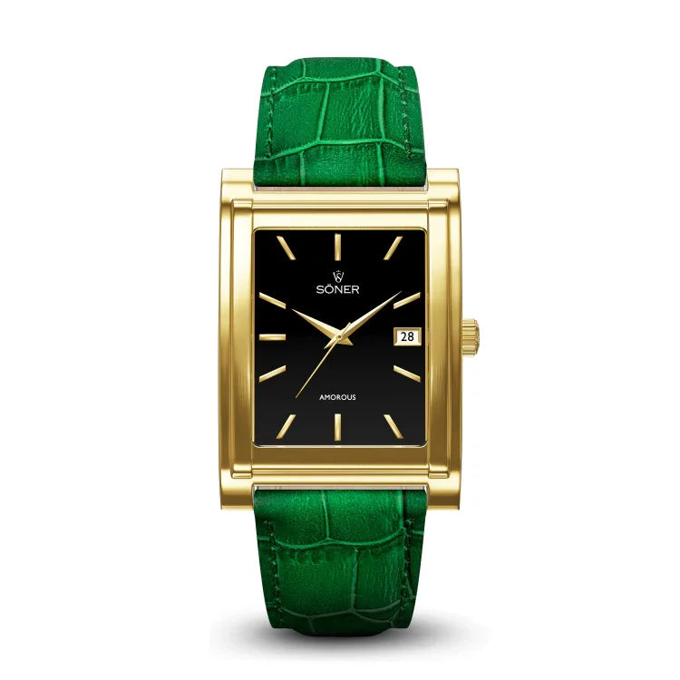 Rectangular watch with a black face, silver edges, and white hour markers. It has a brown leather strap with crocodile pattern. The brand SONER is on the face, with a date window at three oclock, displaying the number 28.