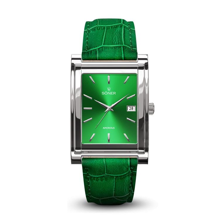 Amorous Tokyo: Sleek Polished Steel Watch with a Striking Green Dial