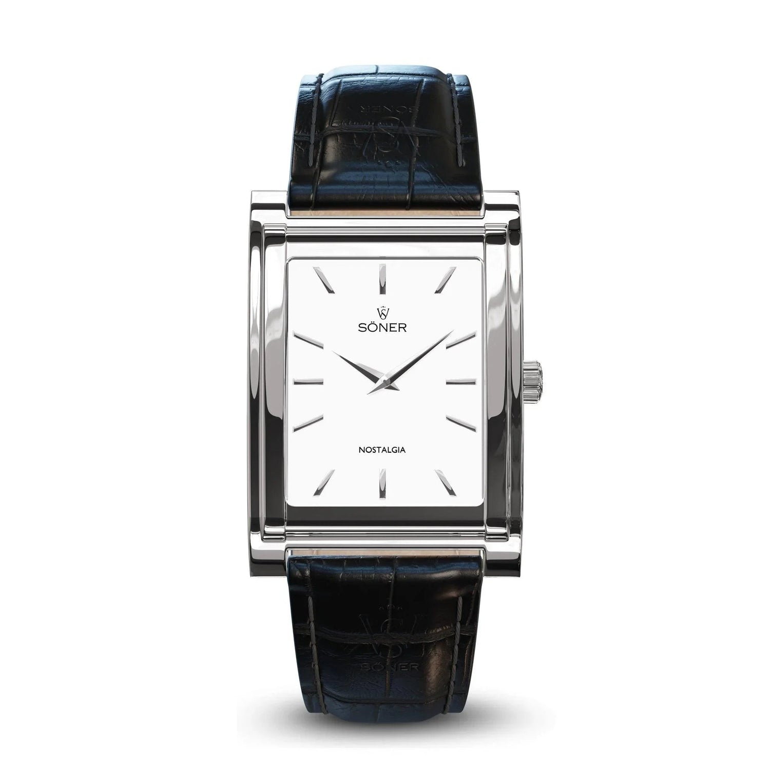The Nostalgia Paris (11-year Battery) from Söner is a rectangular silver wristwatch that showcases a white dial adorned with minimalist black hour markers and hands.