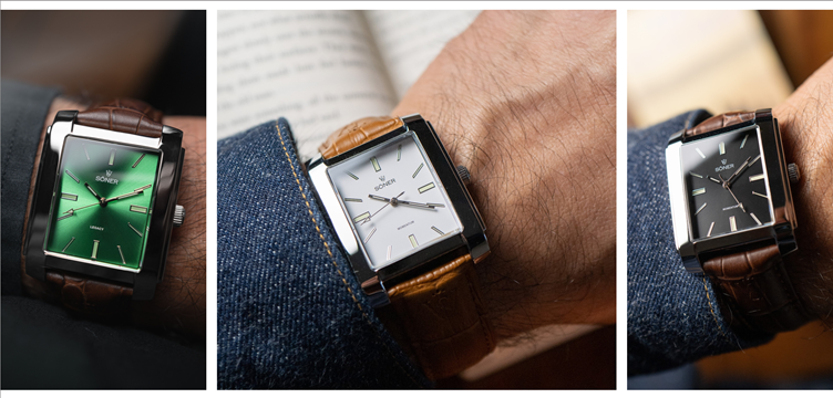 A collage of three rectangular watches adorns a persons wrist. The first watch features a green face, the second boasts a white face, and the third presents a striking black face.