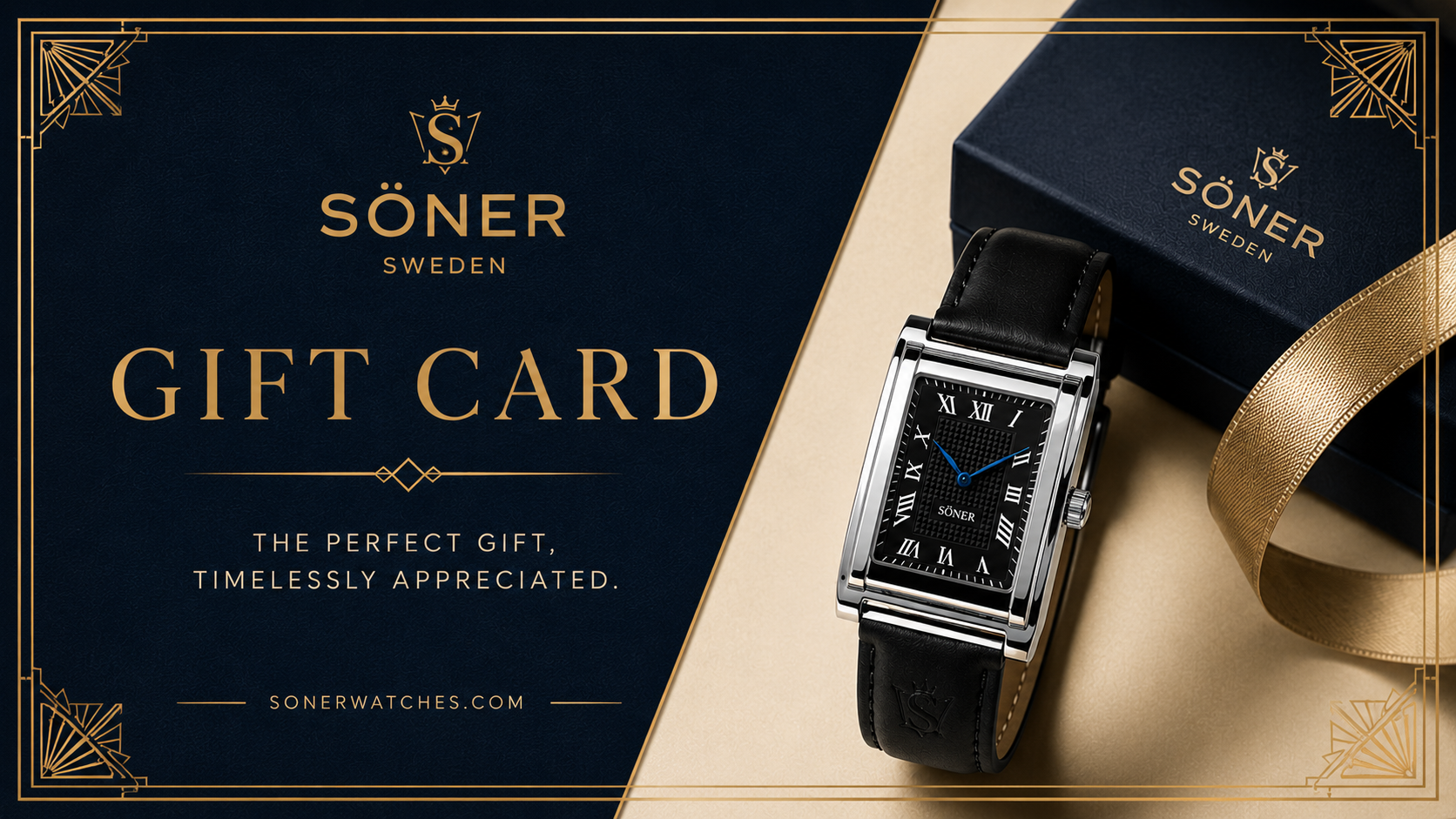 Gift card for SÖNER Sweden displayed next to a luxury black tank-style wristwatch and a navy-blue gift box with a gold ribbon. Text reads: The perfect gift, timelessly appreciated.
