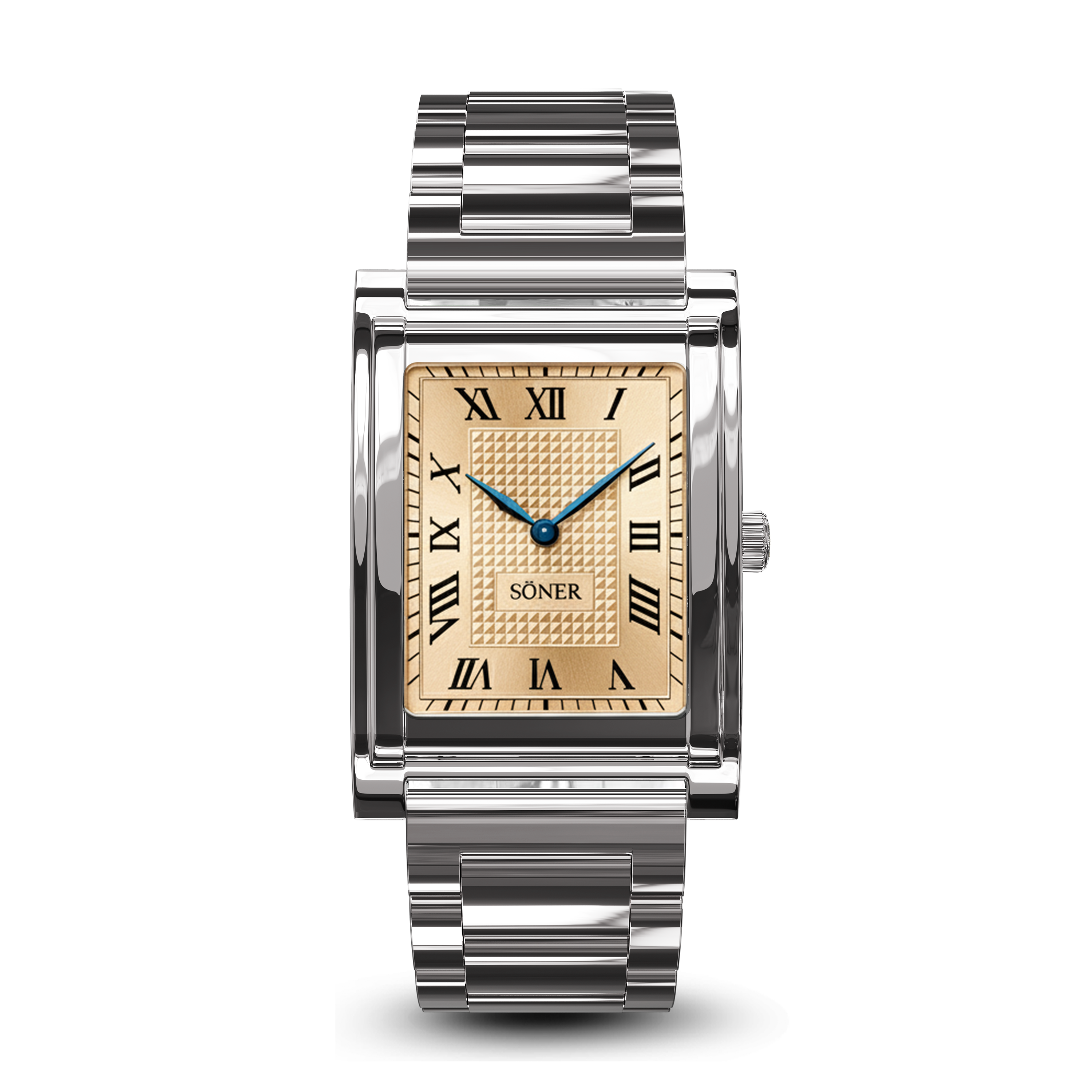 A rectangular dress watch featuring a silver case, gold textured dial, black Roman numerals, and blue hands. The polished two-tone steel watch bracelet and “SÖNER” branding enhance its refined elegance.