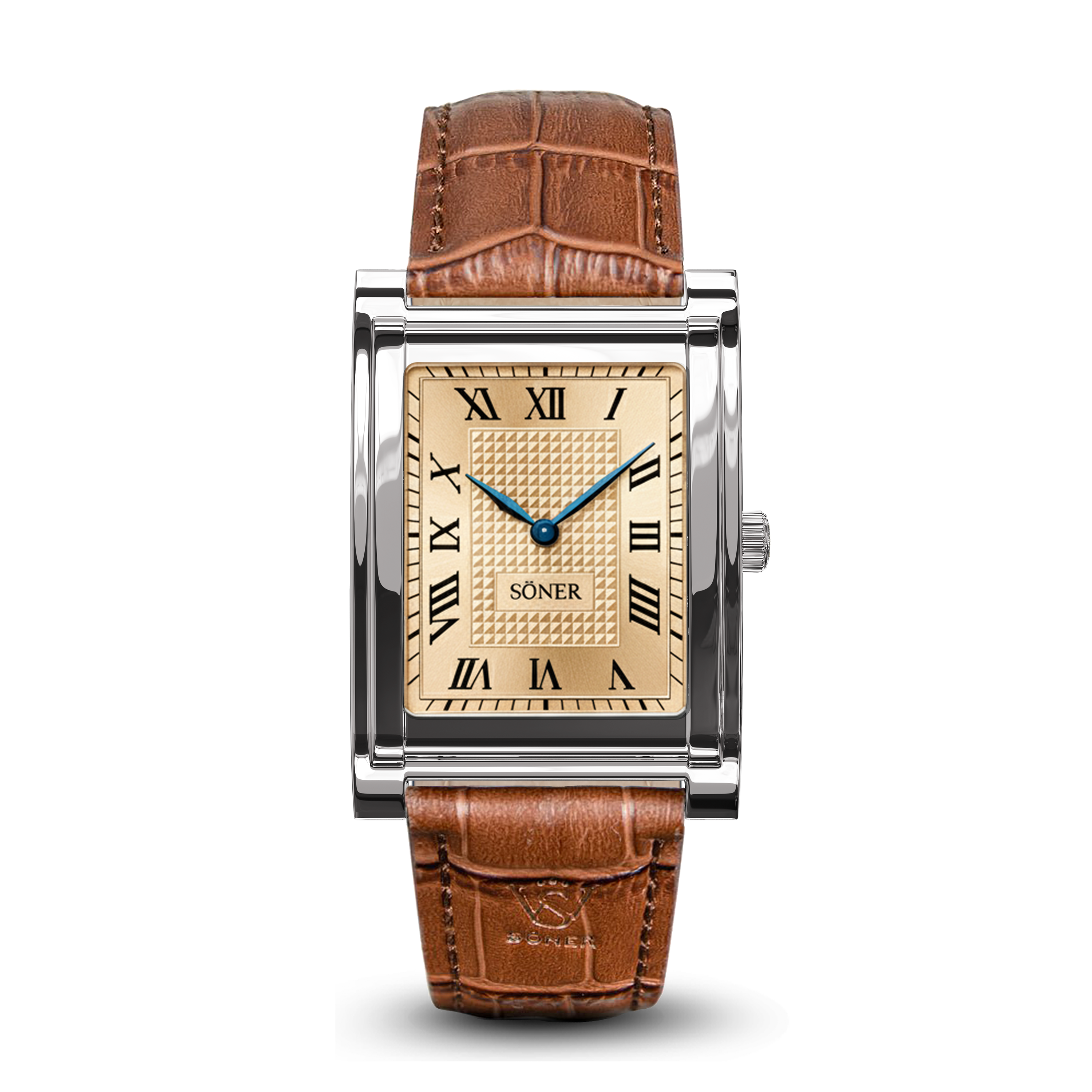 A rectangular dress watch featuring a gold face, black Roman numerals, blue hands, silver case, and brown leather strap embossed with a textured pattern. The brand name SONER is displayed on the dial of this men’s luxury watch.