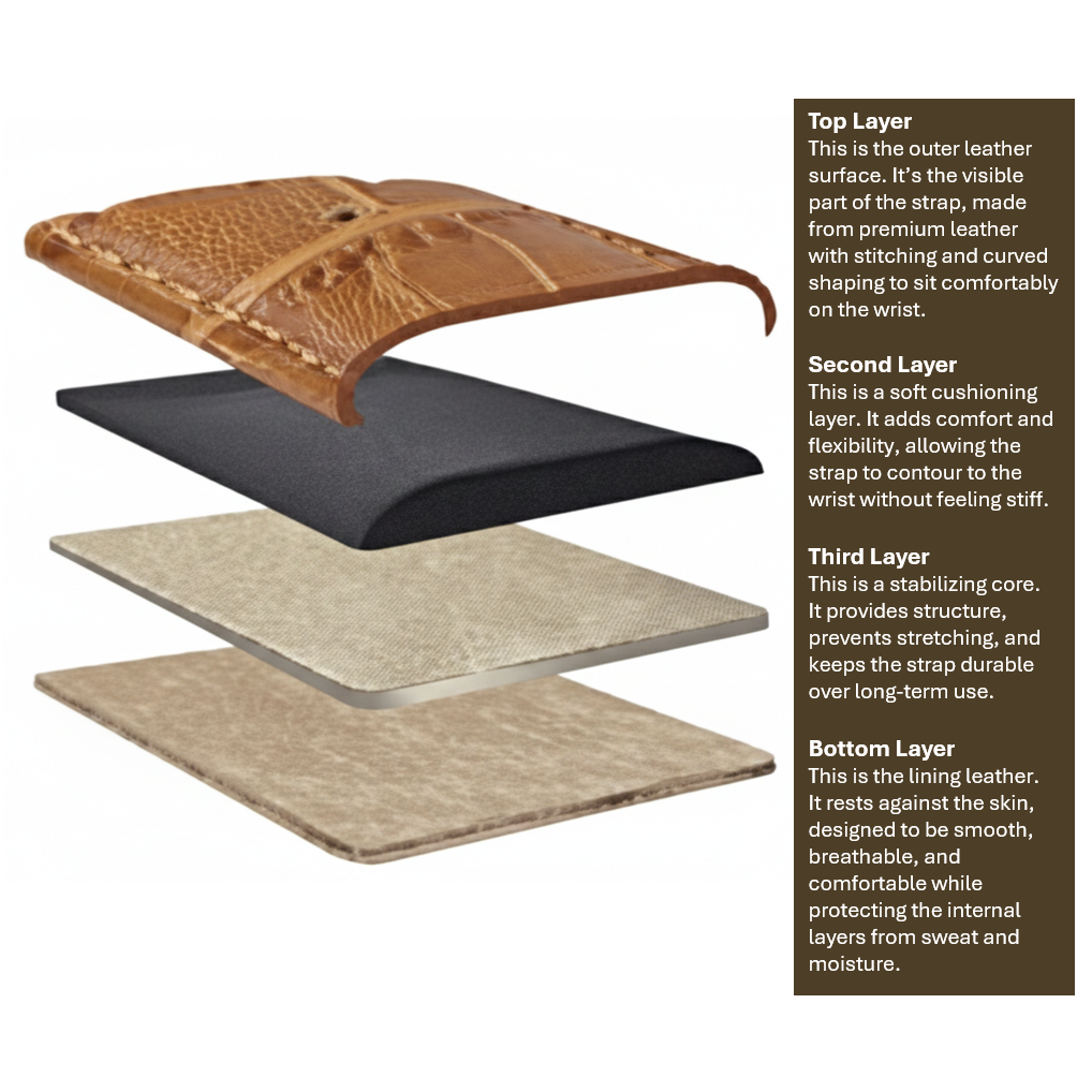 An exploded-view illustration of a leather watch strap showing four layers: a smooth brown leather top layer with stitching, a black cushioning layer, a beige stabilizing core, and a light brown leather lining. The layers float above each other against a clean background, each demonstrating part of the strap’s construction.