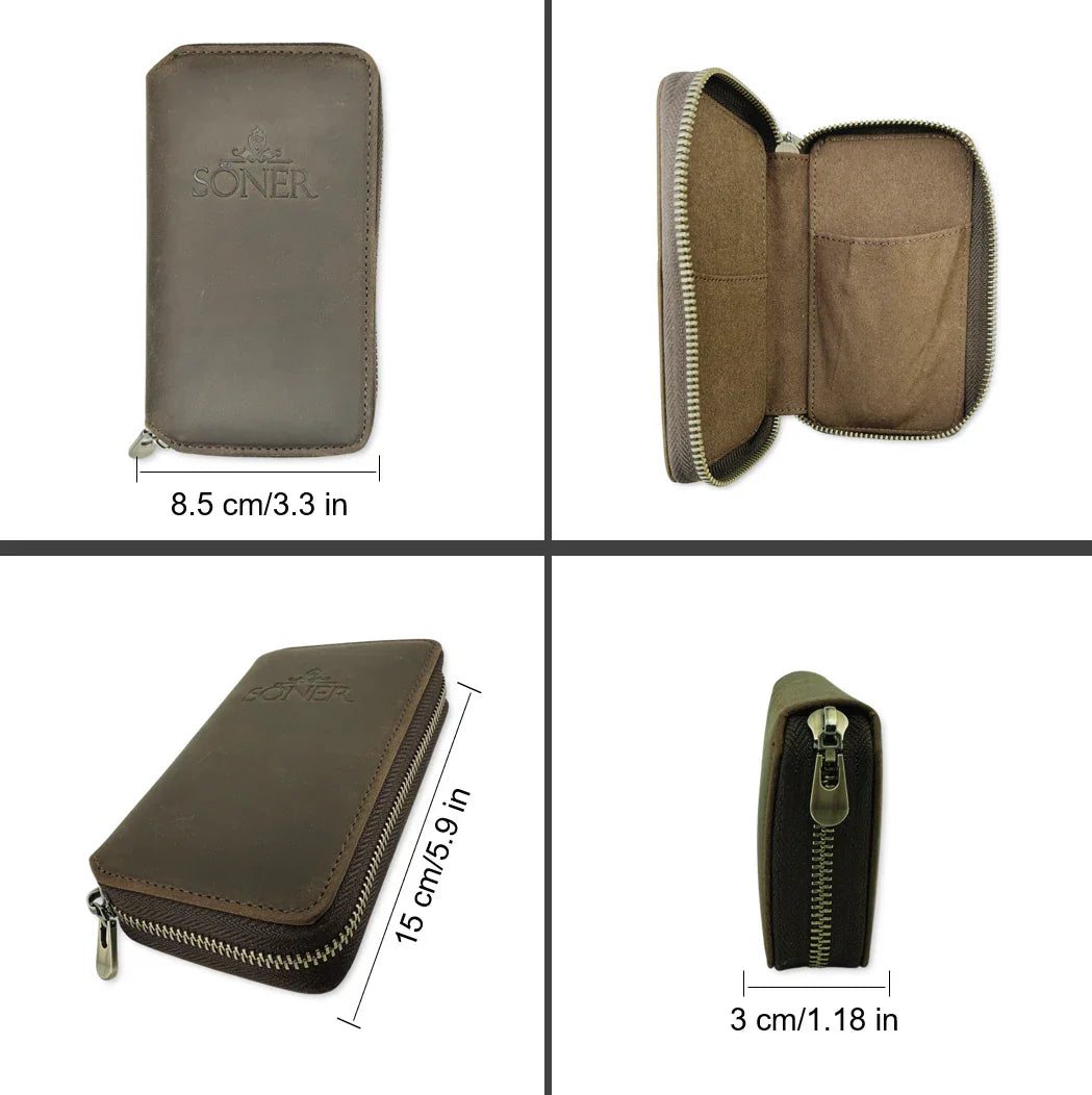 A brown Soner leather watch case is showcased from various angles. It features a zip closure and the brand name embossed on the front, measuring 8.5 cm wide, 15 cm tall, and 3 cm thick with several interior compartments.
