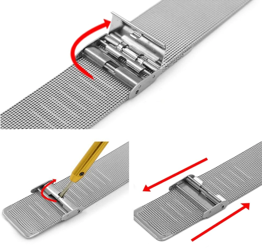 Step-by-step illustration of adjusting a metal mesh watch strap. The top image shows the clasp unfastened. The bottom left shows a tool lifting the clasp. The bottom right demonstrates sliding the clasp for size adjustment. Red arrows indicate directions.
