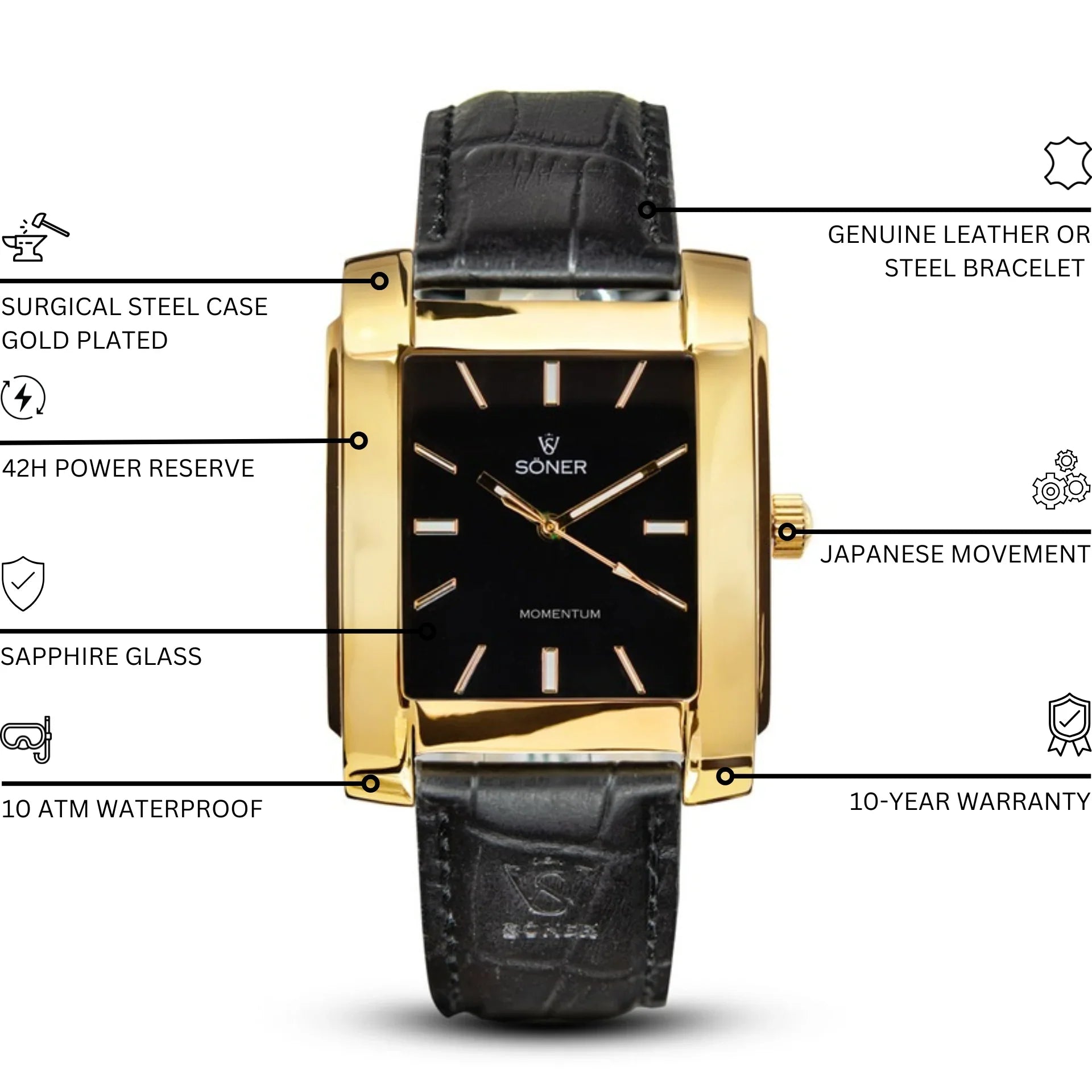 Sleek black-dial rectangular watch with a stainless steel bracelet