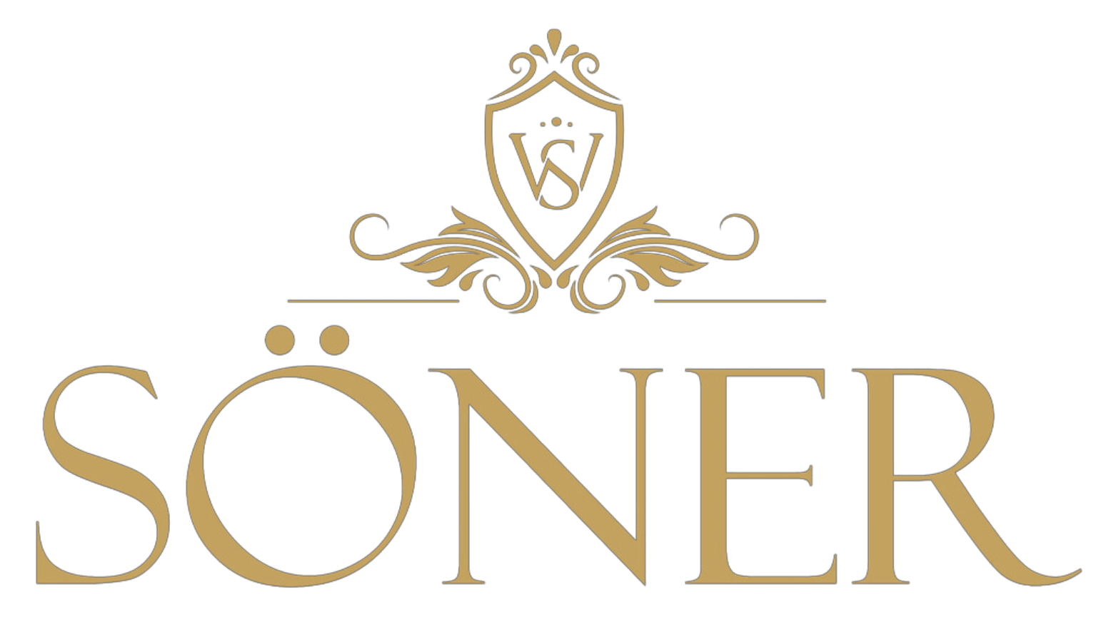 A black background featuring the word SÖNER in large, elegant gold lettering. Above the text is an ornate emblem with the initials VS, framed by decorative gold flourishes.