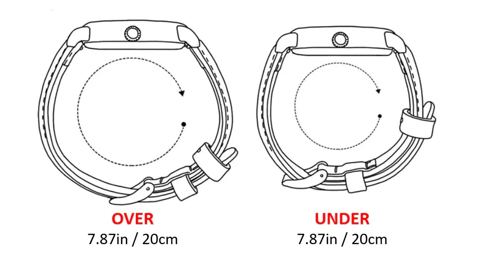 Illustration of the HERITAGE Mocha Croc watch with two strap configurations: OVER and UNDER, each measuring 7.87 inches or 20 cm. The arrows indicate the straps' direction of adjustment.
