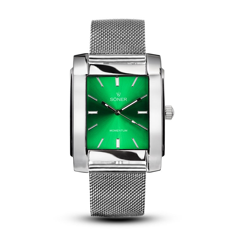A silver mesh band watch with a rectangular green face, featuring minimalist hour markers and hands. The word Soner and Momentum are displayed on the face. The watch has a modern, sleek design.