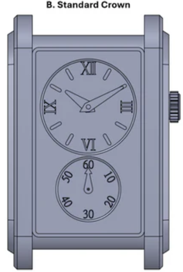 A classic rectangular case watch inspired by 1930s style, featuring a standard crown, two round dials—an upper time display with Roman numerals and a lower seconds subdial marked 10 to 60—a nod to the iconic Doctor's Watch.