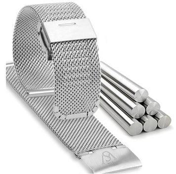 The HERITAGE Fe 22mm is presented next to several cylindrical metal rods. This silver mesh watch strap includes a clasp for fastening and showcases a polished finish, offering a sleek, modern look.