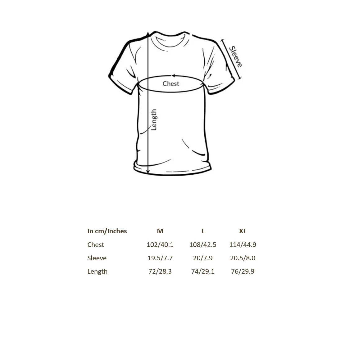 Line drawing of The Söner T-shirt with labeled measurements: chest (102-114 cm), sleeve (19.5-20.5 cm), length (72-76 cm) for sizes M, L, and XL in centimeters/inches.