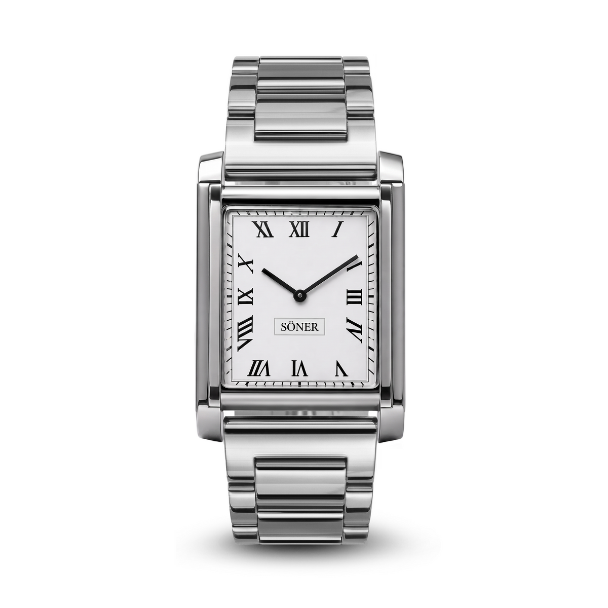 Söner Tank Royal rectangular watch in polished steel with a Roman numeral dial and a polished steel bracelet
