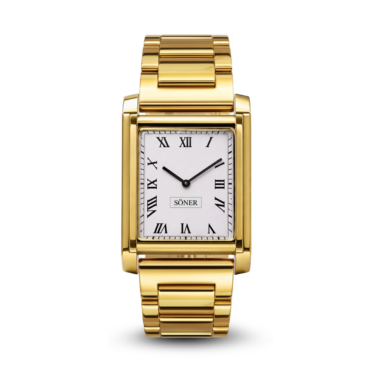 Söner Tank Royal rectangular watch in polished gold with a Roman numeral dial and a gold bracelet