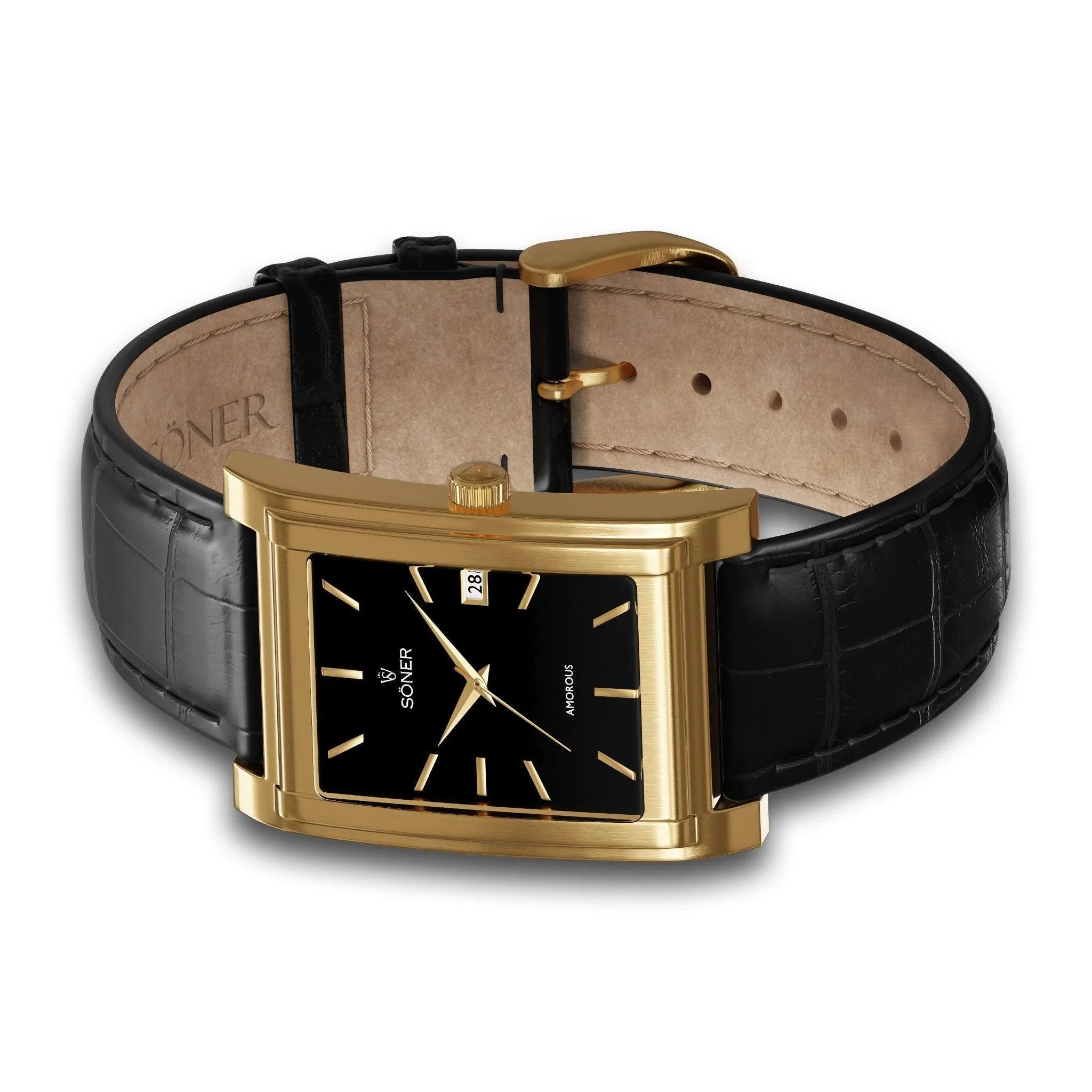 The Amorous Milano (Self-winding) is a stunning rectangular watch with a luxurious gold case and black leather strap. Its black face is elegantly adorned with gold markings and hands, complemented by a date window, making it effortlessly stand out against the reflective white background.