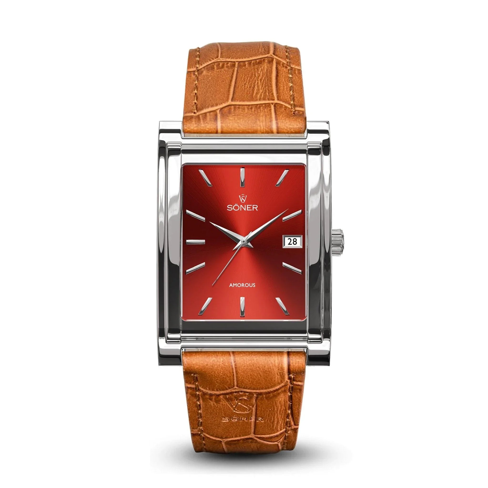 The Amorous Rio from Söner is a self-winding watch with a square design, featuring a silver frame and a brown leather strap. It showcases a striking red dial complemented by silver hour markers and hands, with the date conveniently displayed at the three o'clock position.