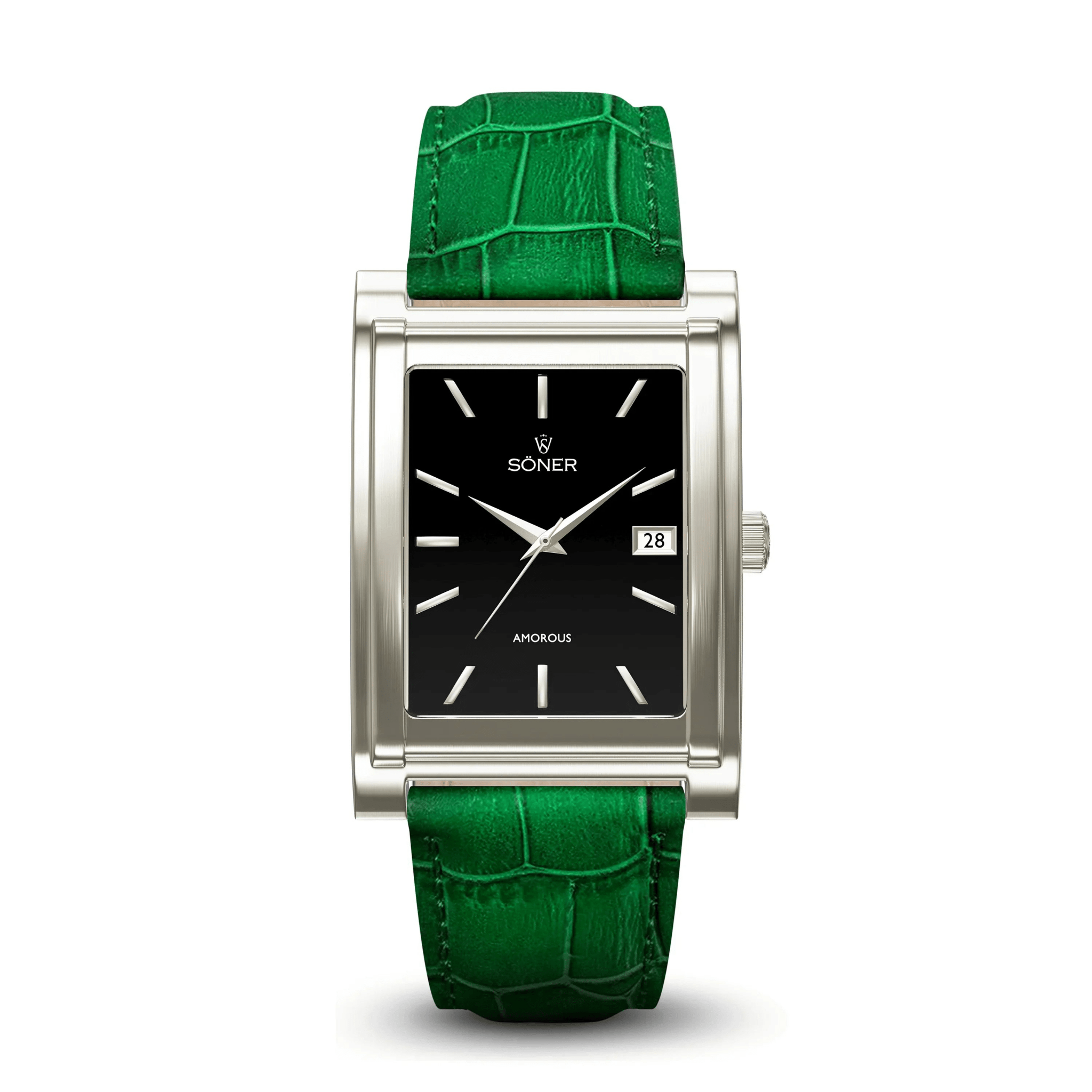 The Amorous Sydney self-winding watch features a sleek rectangular silver case, minimalist black face with white hour markers and a date display. It boasts an elegant green crocodile-textured leather strap for a modern style.