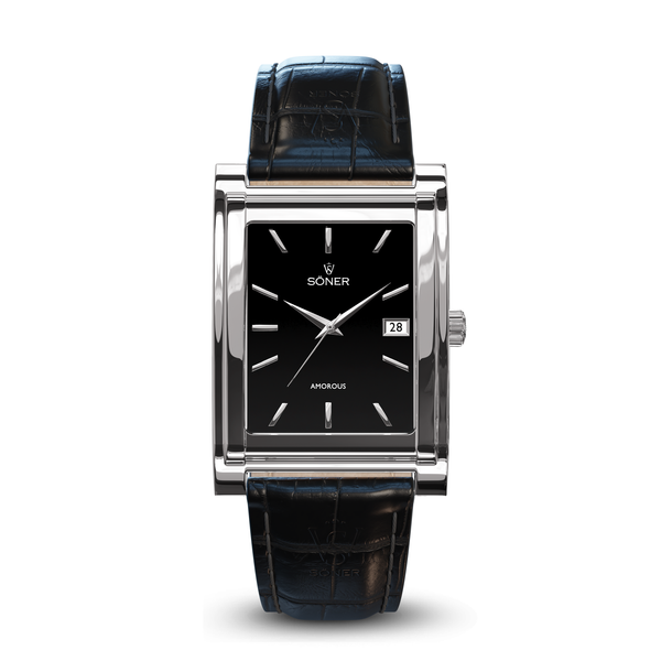 Square automatic watch, Amorous Barcelona with black dial - black alligator pattern leather strap front view
