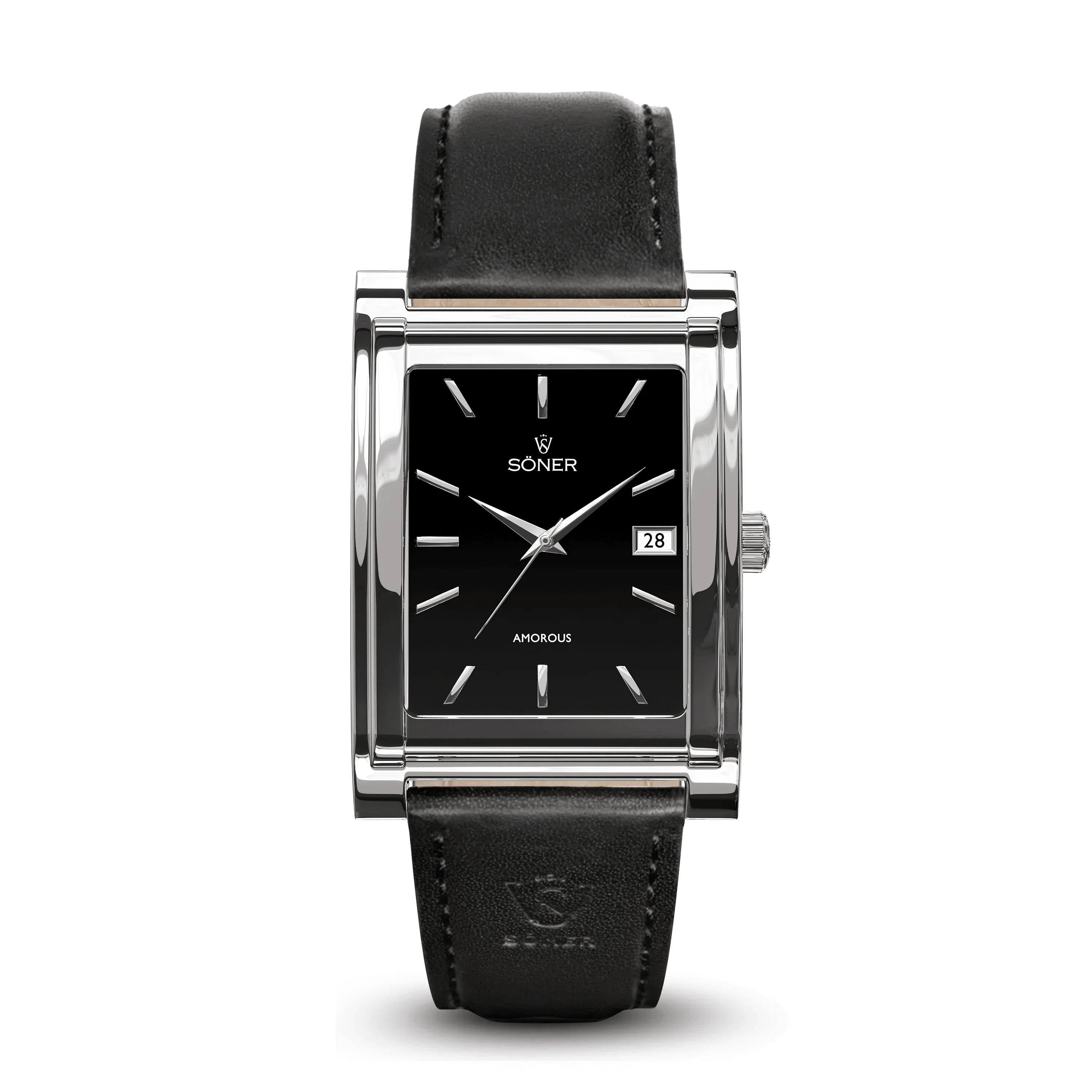 The Amorous Barcelona watch features a sophisticated rectangular design from Söner, showcasing a black dial with silver hour markers and a date window on the right. It is beautifully complemented by a sleek black leather strap and includes self-winding functionality.