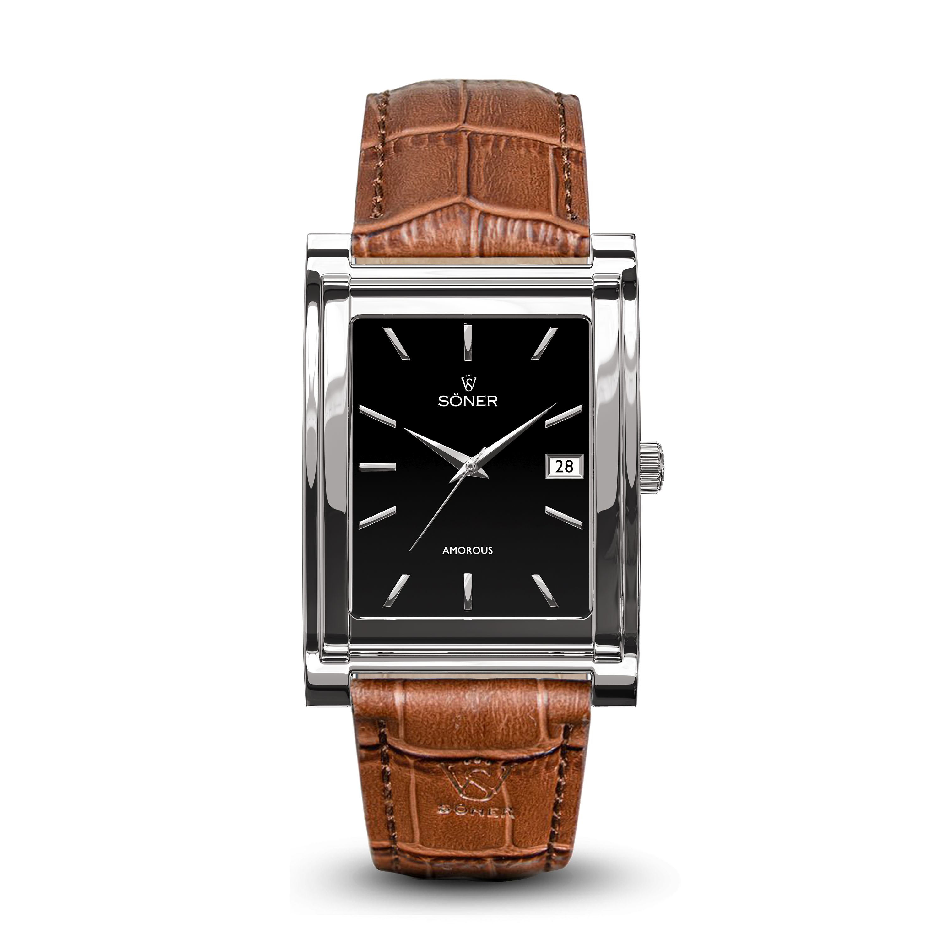 Square automatic watch, Amorous Barcelona with black dial - brown alligator pattern leather strap front view