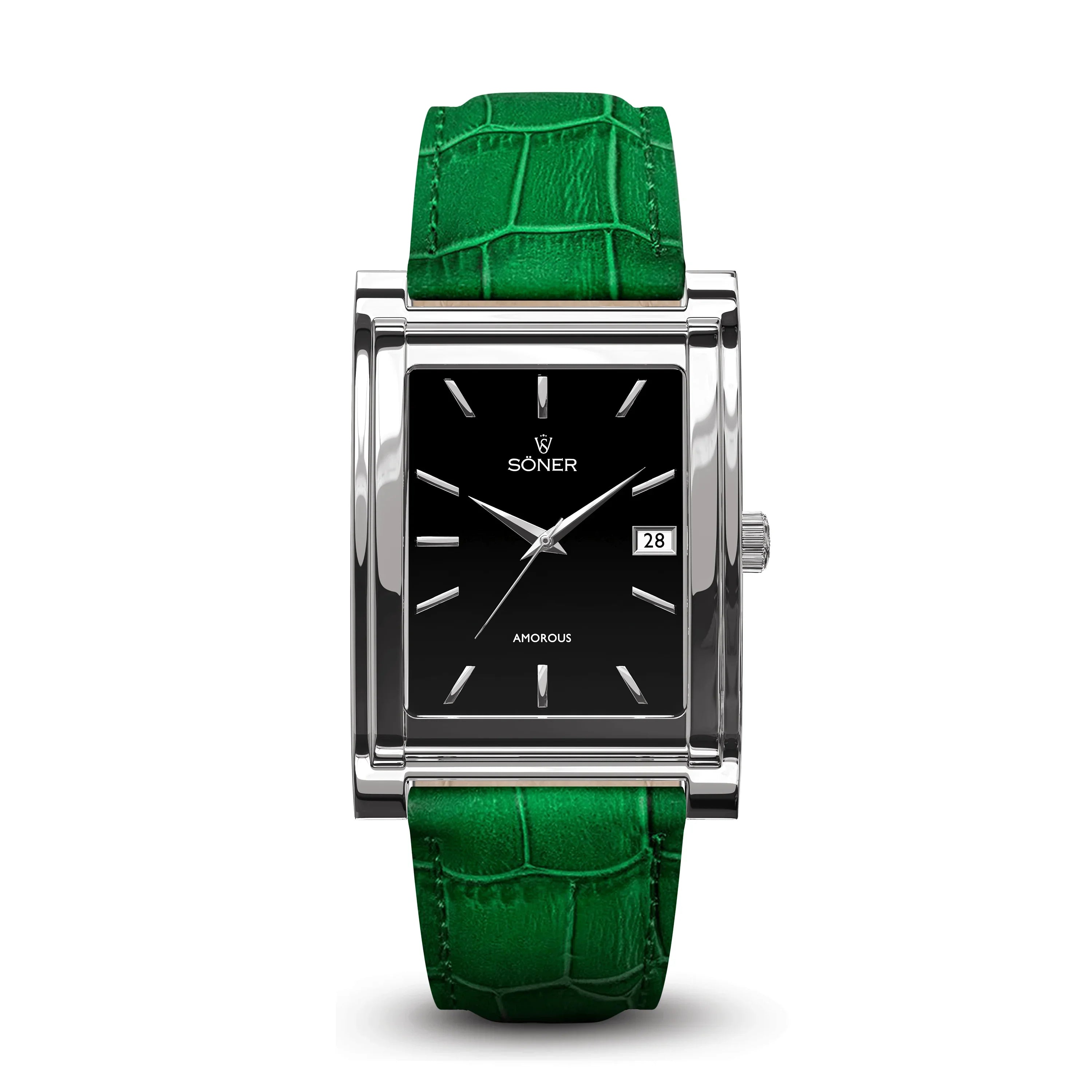 Söner Amorous Barcelona Automatic rectangular watch with a polished stainless steel case, onyx black dial, date window at 3 o'clock, and a vibrant green crocodile-embossed leather strap.