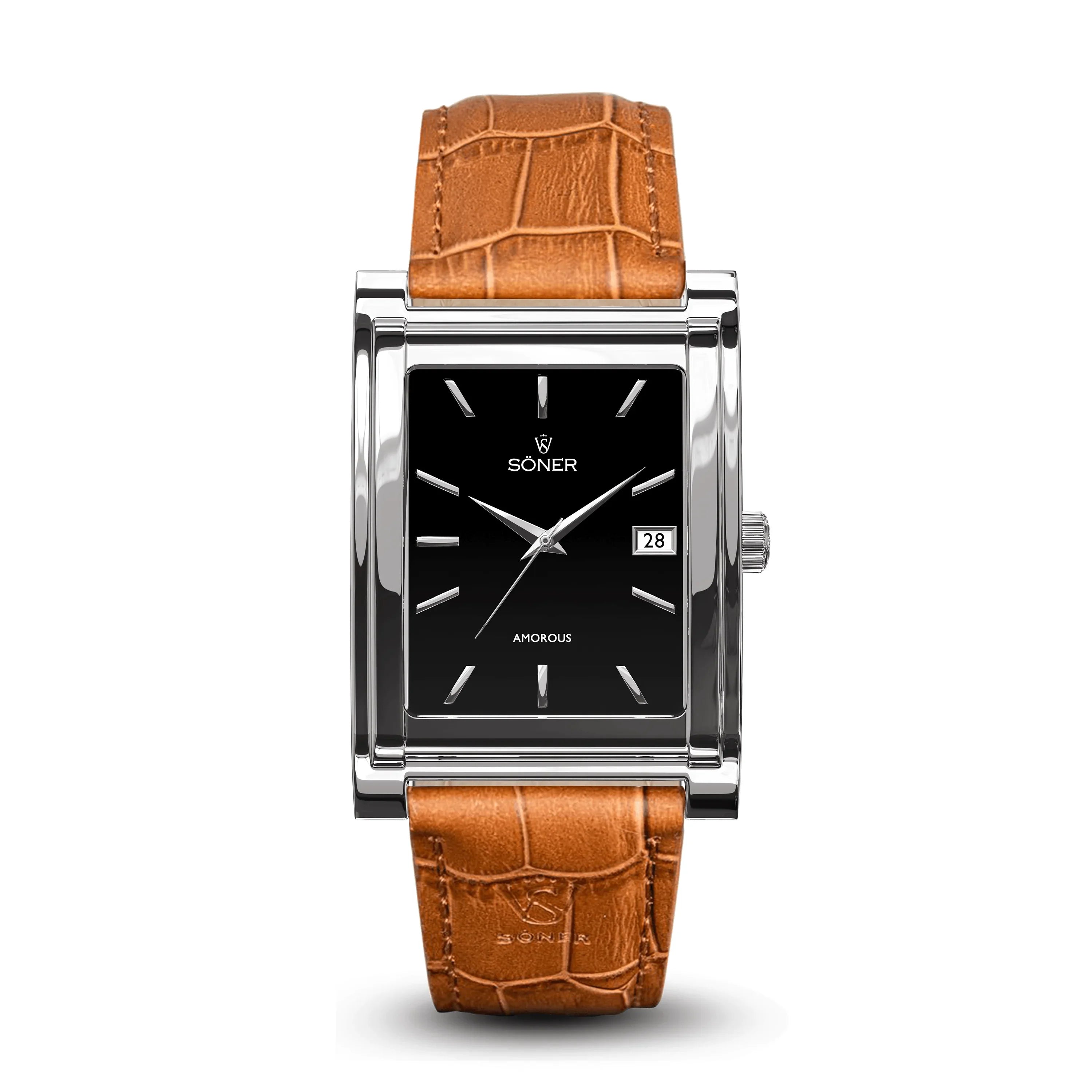 Söner Amorous Barcelona Automatic rectangular watch with a polished stainless steel case, onyx black dial, date window at 3 o'clock, and a light brown crocodile-embossed leather strap.