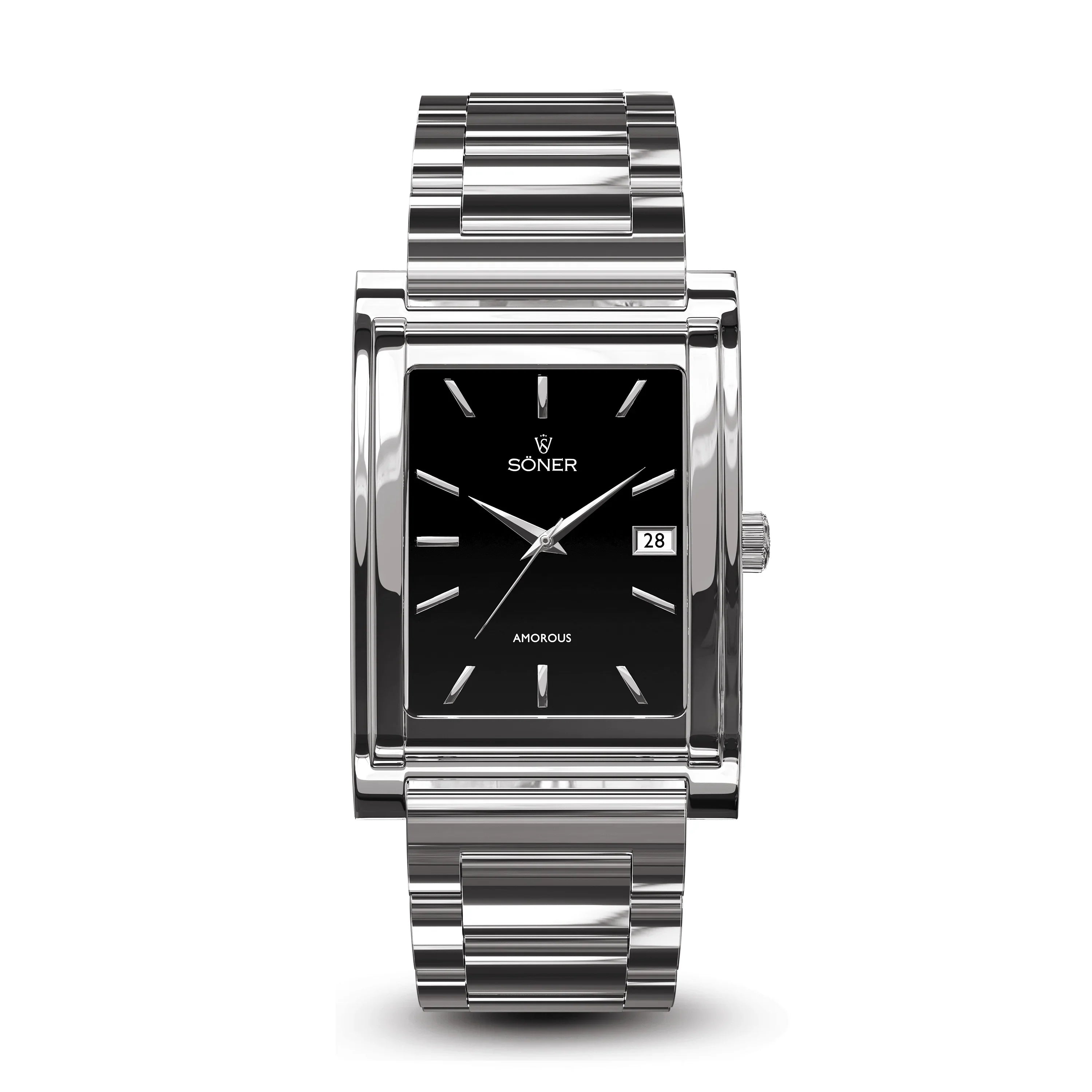Introducing the Amorous Barcelona by Söner: a sleek rectangular wristwatch featuring a black dial with silver hour markers and a date window at 3 o'clock. This self-winding timepiece boasts a polished metal band and minimalist design, offering both style and functionality.