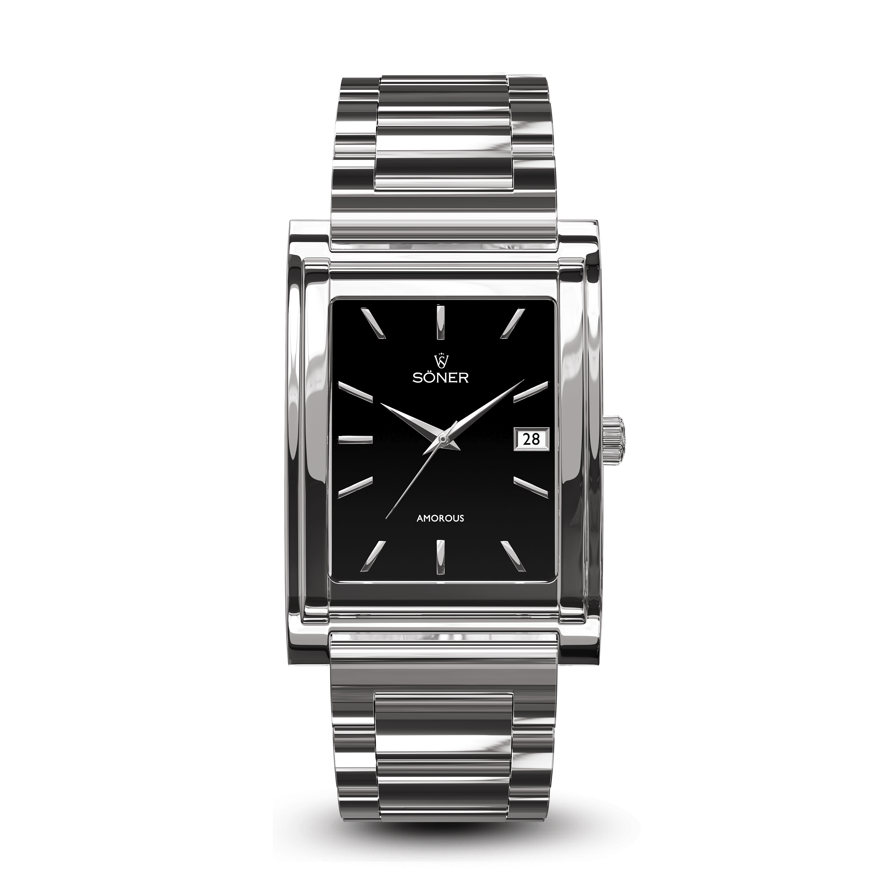 A rectangular, silver metal wristwatch with a black face and silver hands, featuring a small date display. The watch has a polished, linked strap and minimalist design, with SONER and ANOKUS printed on the face.
