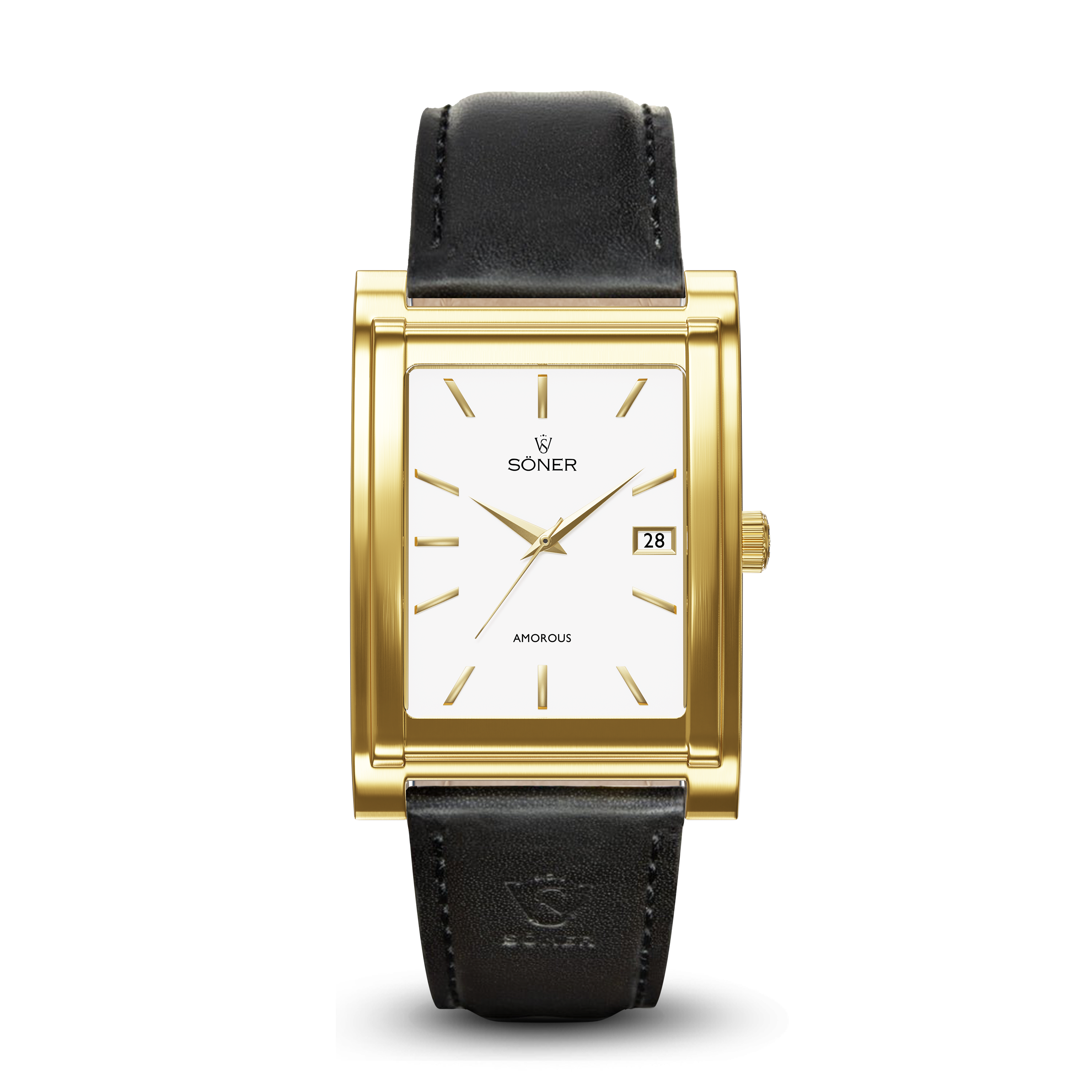 Square automatic watch, Amorous Casablanca with white dial - black leather strap front view