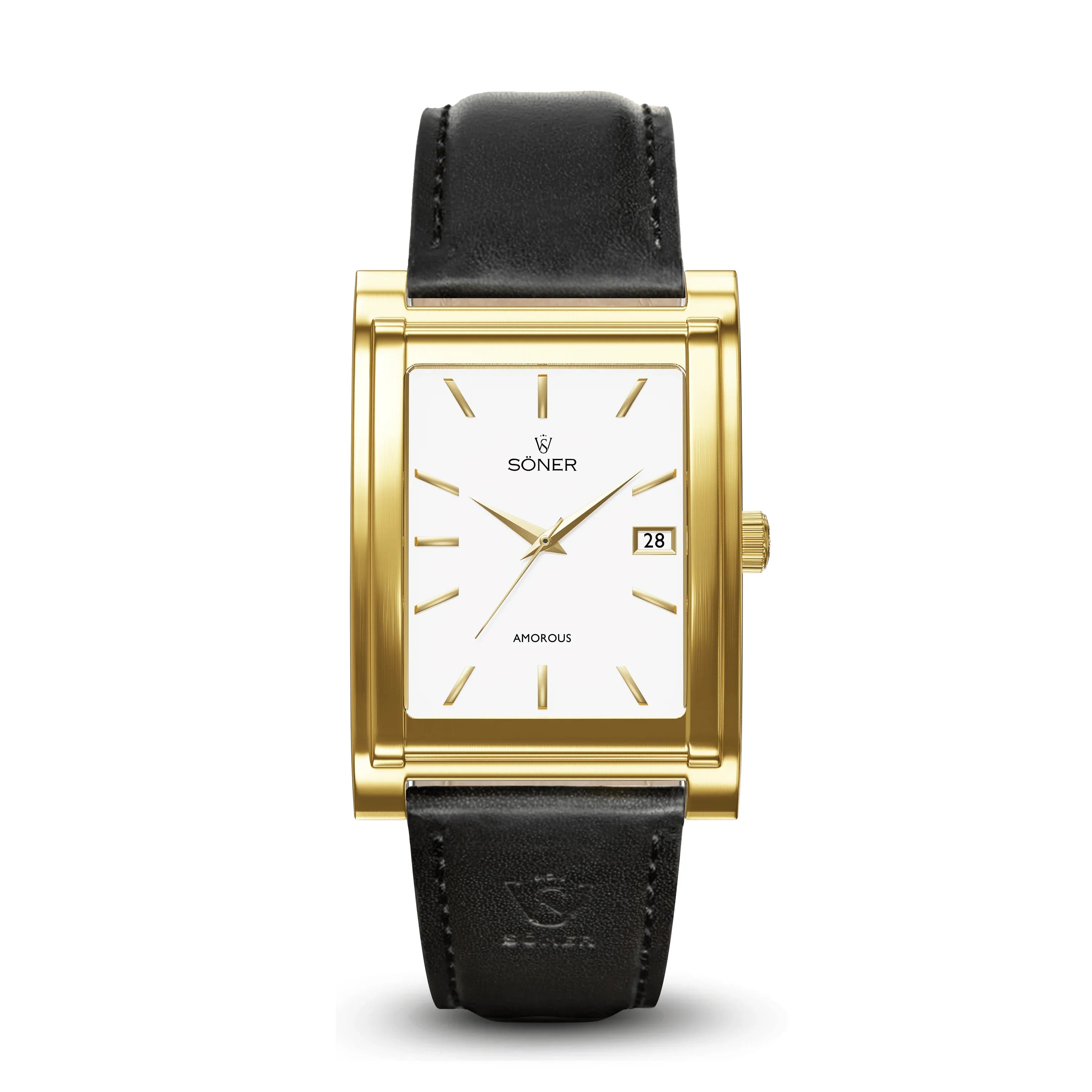 Presenting the Amorous Casablanca: a self-winding wristwatch featuring a sophisticated rectangular gold casing paired with a black leather strap. The white dial elegantly showcases gold hour markers and hands, along with a date window positioned at 3 o'clock. The prestigious Söner brand name is prominently displayed at the 12 o'clock position. Complementing this design, the strap is adorned with an intricately embossed emblem, enhancing the elegant appeal of this timepiece.
