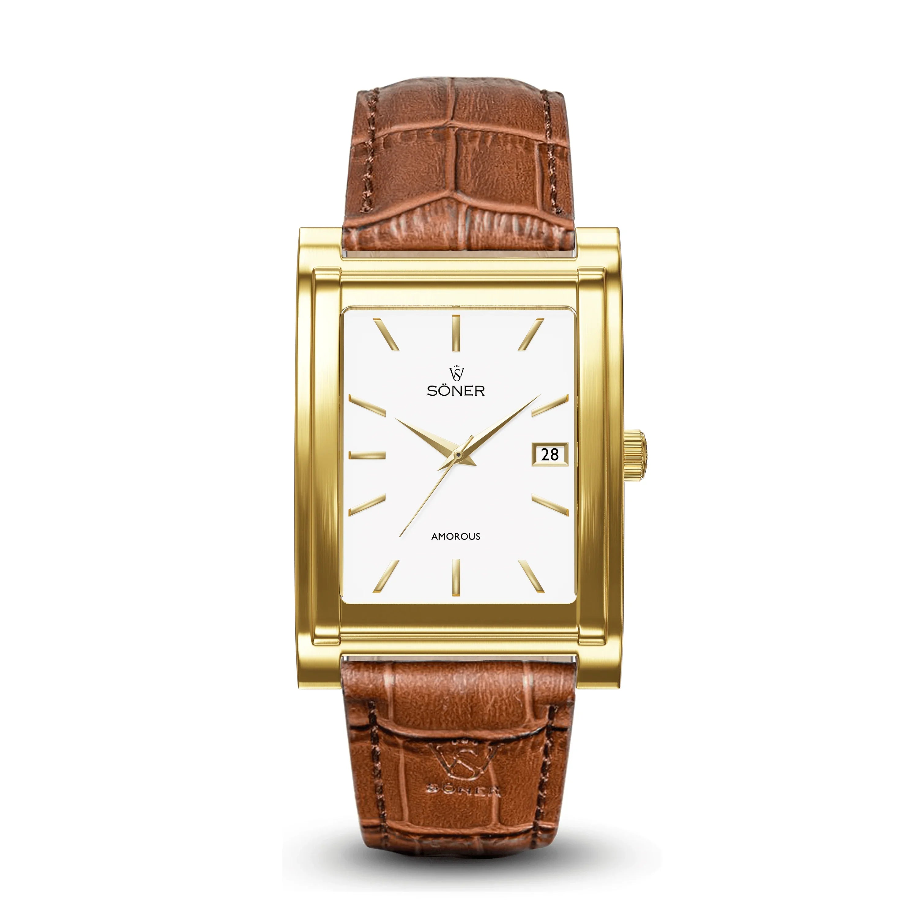 Rectangular gold-plated automatic watch with a white dial, gold indices and hands, date window at 3 o'clock, and a brown textured leather strap.