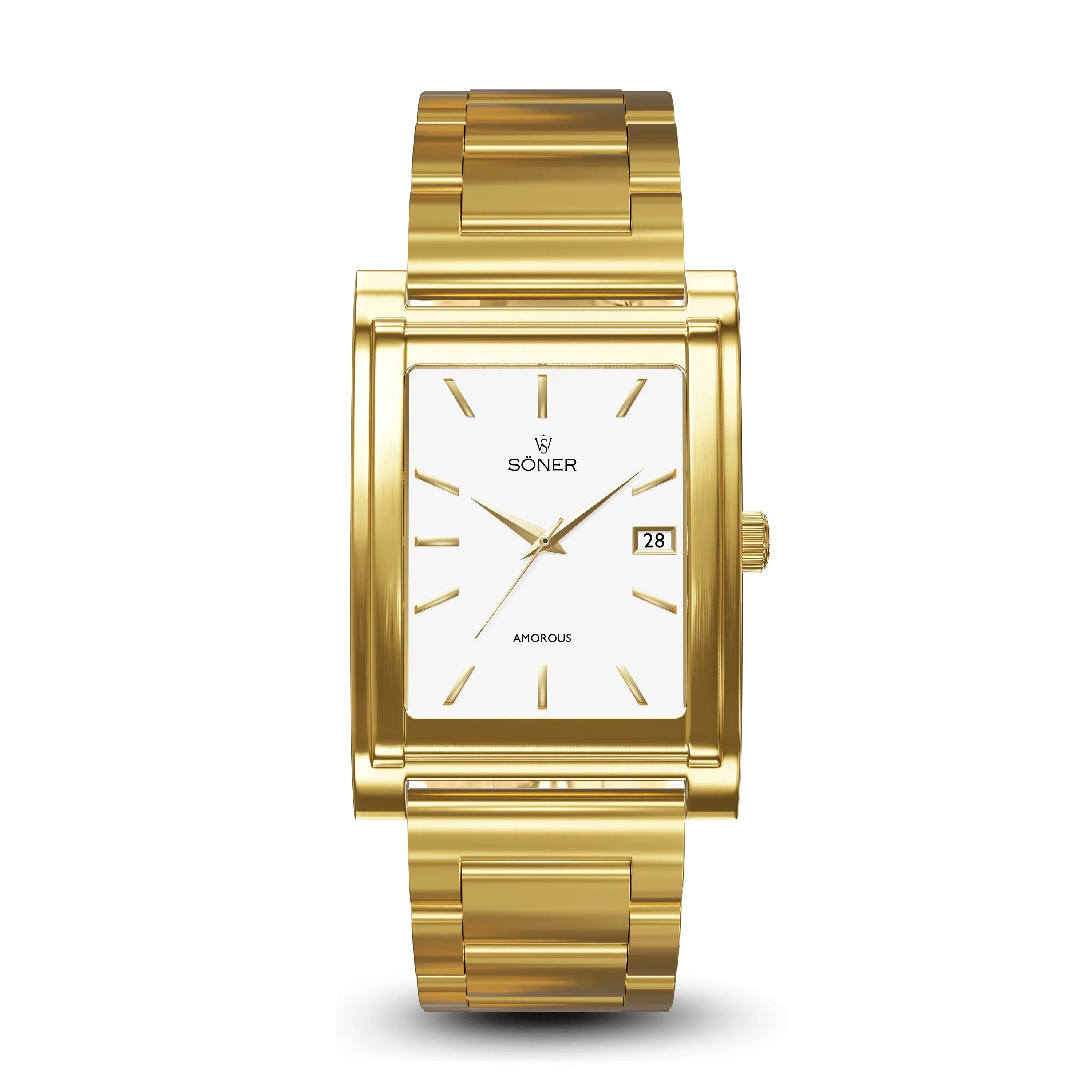 Introducing the Amorous Casablanca (Self-winding) from Söner, a sophisticated gold rectangular wristwatch featuring a white face and gold hour markers. This elegant timepiece includes a convenient date display on the right side and is complemented by a sleek gold link band for timeless sophistication.