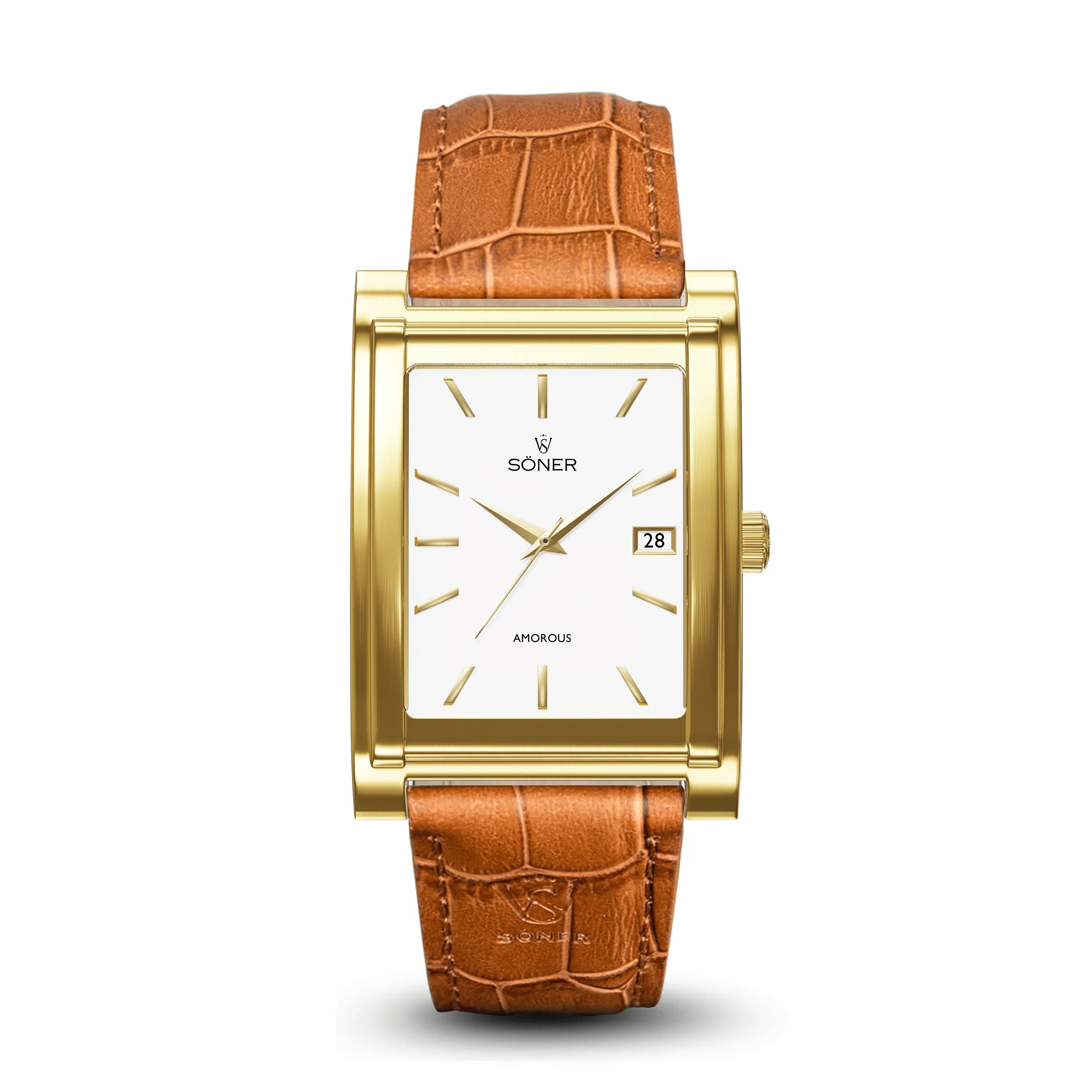 The Amorous Casablanca by Söner is an elegant rectangular watch featuring a gold case and a brown leather strap. It presents a white dial with gold hour markers and hands, complemented by a conveniently positioned date display on the right side.