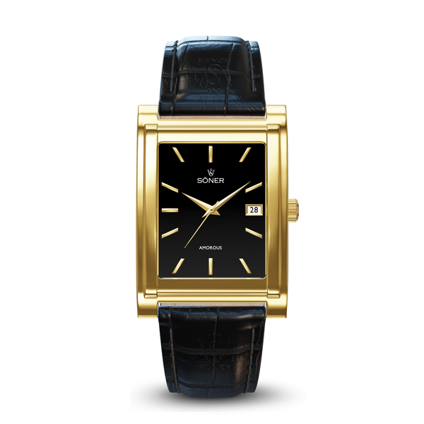 Square automatic watch, Amorous Milano with black dial - black alligator pattern leather strap front view