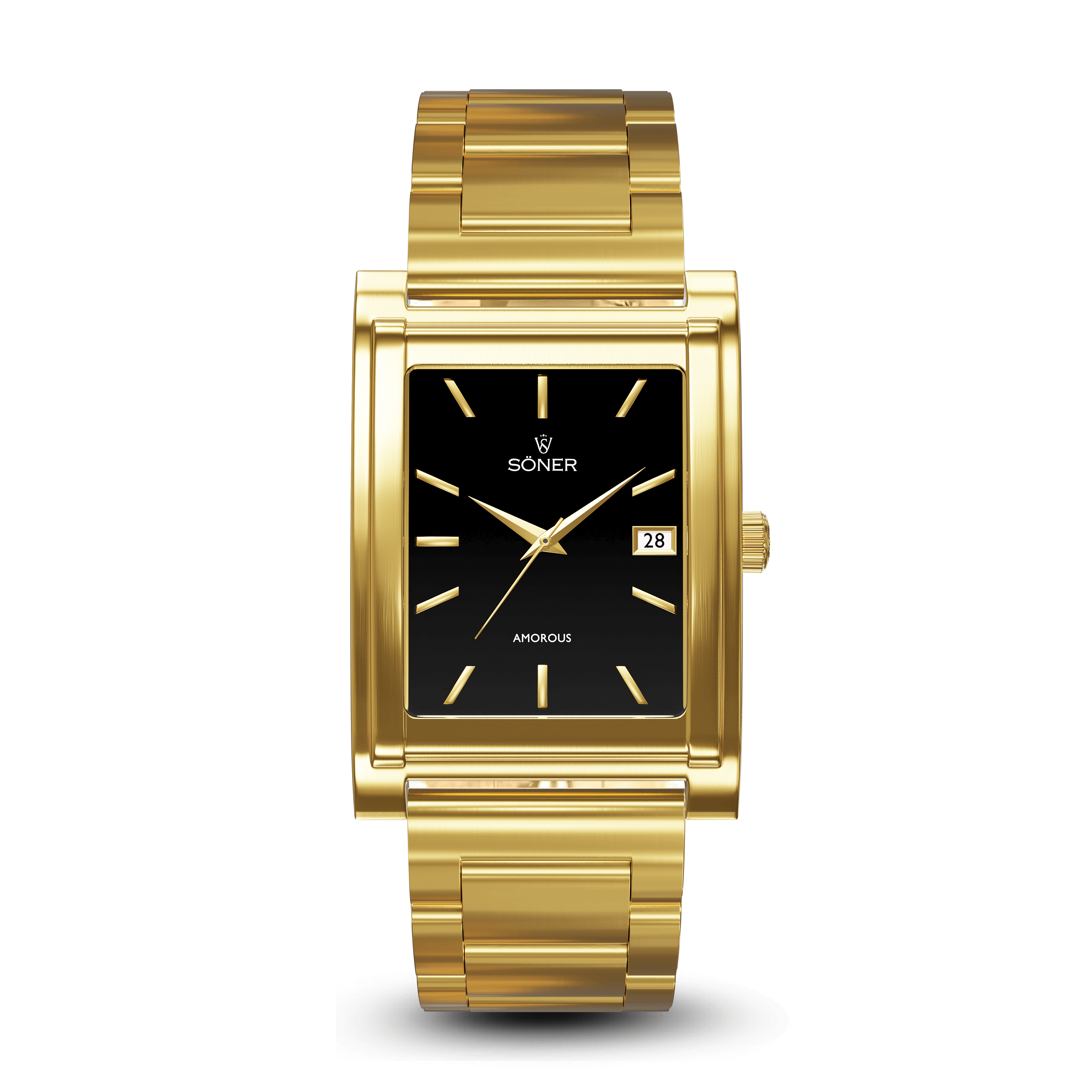 A gold wristwatch with a rectangular black face and gold hour markers. It features a date window and a gold metal strap. The brand name Soner is on the watch face.