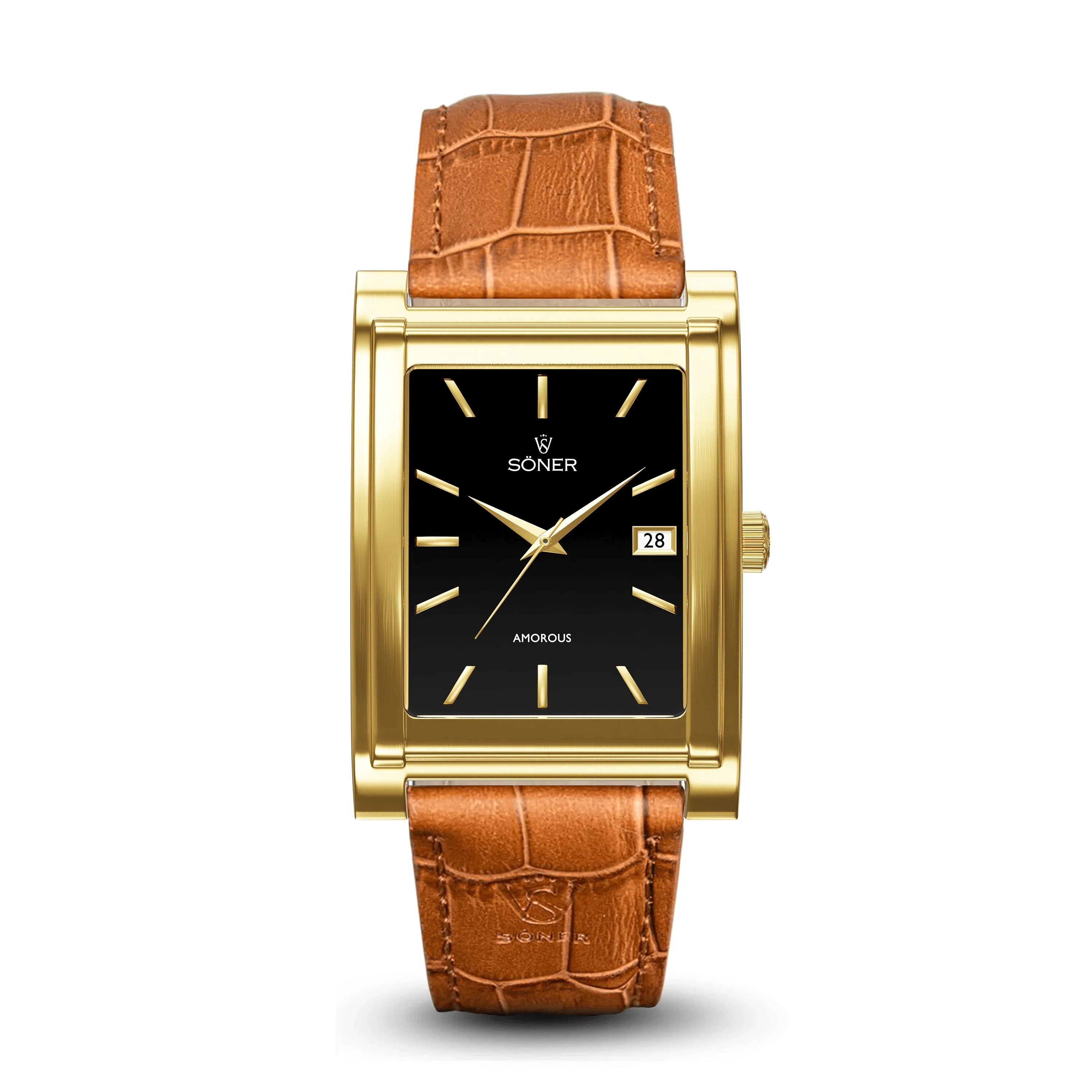 The Amorous Milano self-winding watch from Söner is an elegant creation featuring a gold rectangular case, a black dial with gold hour markers and hands, a date window at 3 o'clock, and a brown crocodile leather strap. The brand name graces the watch face.