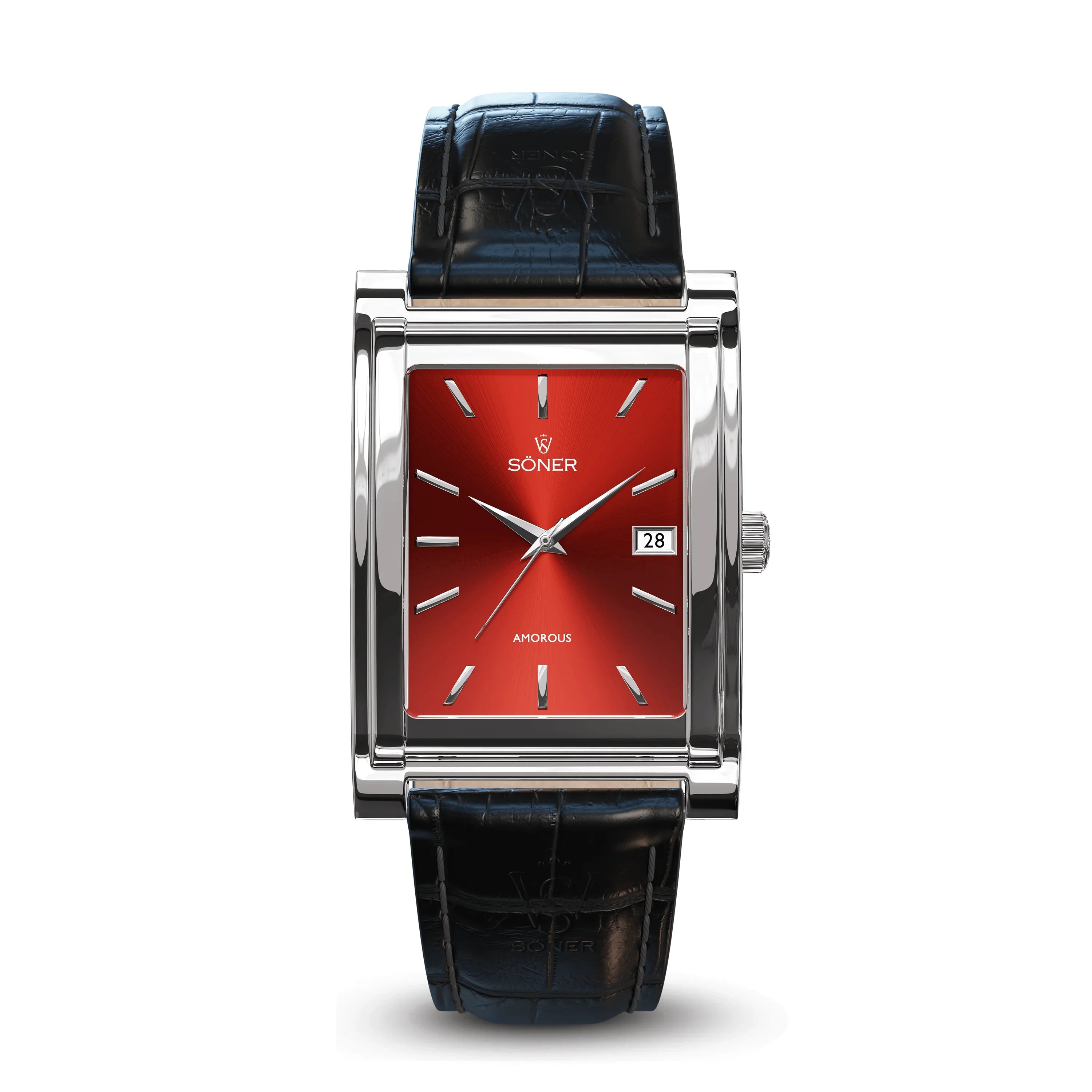 Rectangular polished stainless steel watch with a ruby-red sunburst dial, minimalist indices, date window at 3 o'clock, and a black leather strap.