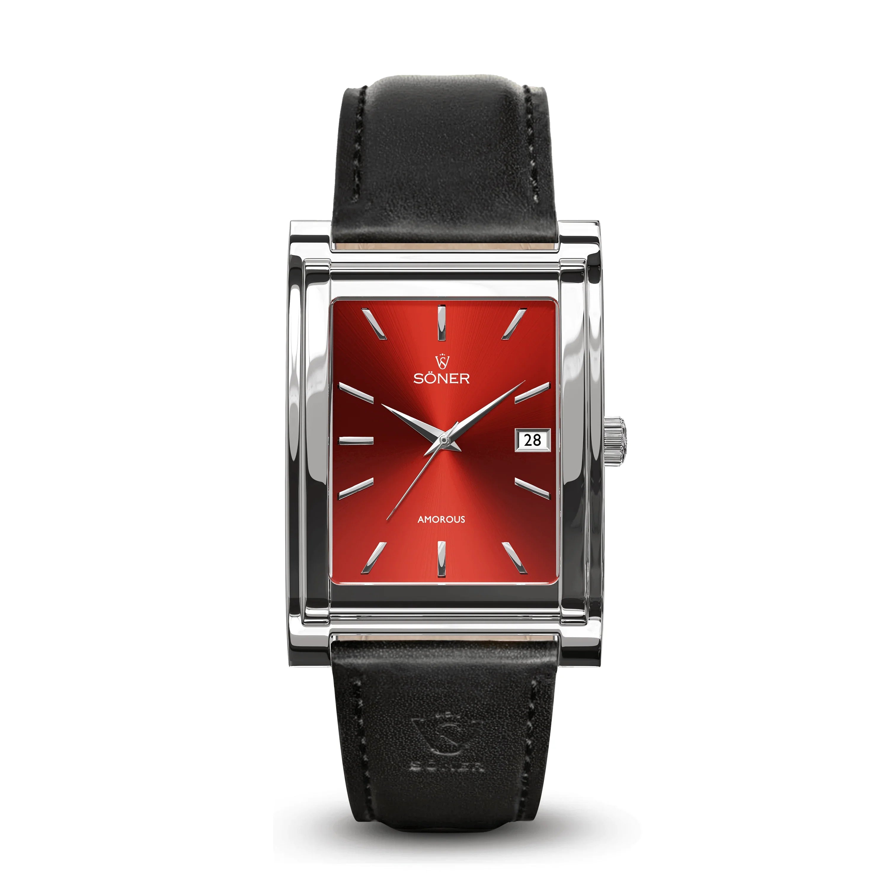 This rectangular timepiece, the Amorous Rio (Self-winding) from Söner, showcases a striking red dial paired with silver hour markers. It includes a date window positioned at 3 o'clock and SONER AMOROUS elegantly displayed at the center. The watch is completed with a black leather strap and a polished silver case, offering a perfect blend of elegance and contemporary style.