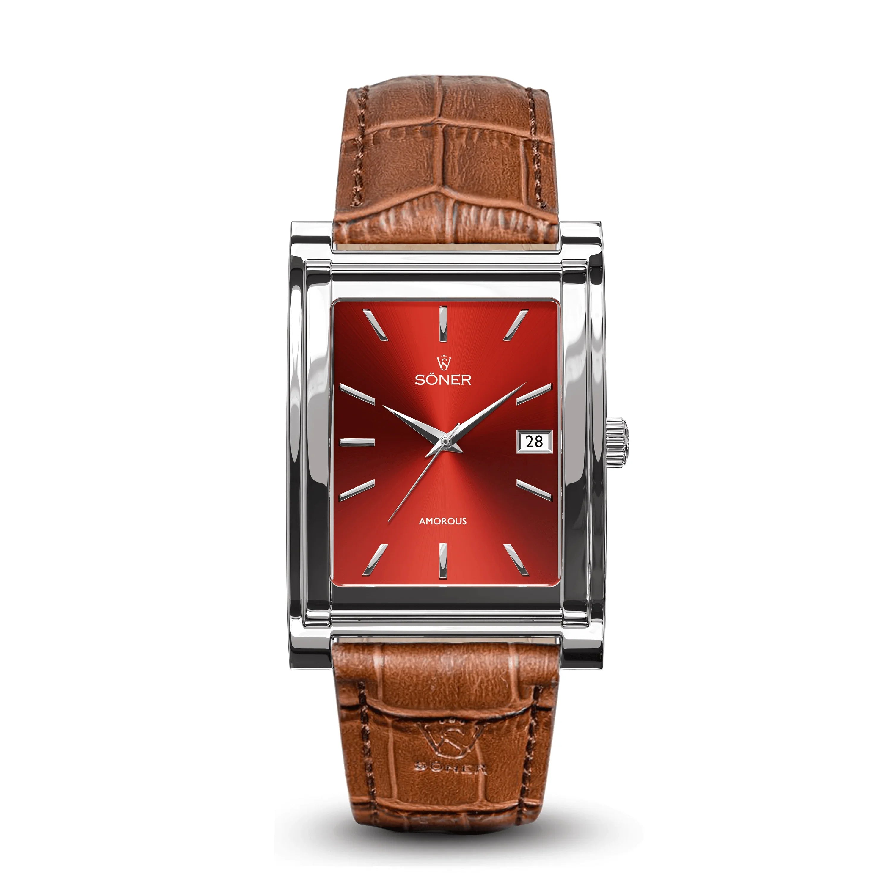 The Amorous Rio self-winding wristwatch features a vibrant red rectangular face, silver hour markers and hands, a date display, and a polished silver case. It comes with a brown leather strap in an alligator pattern.