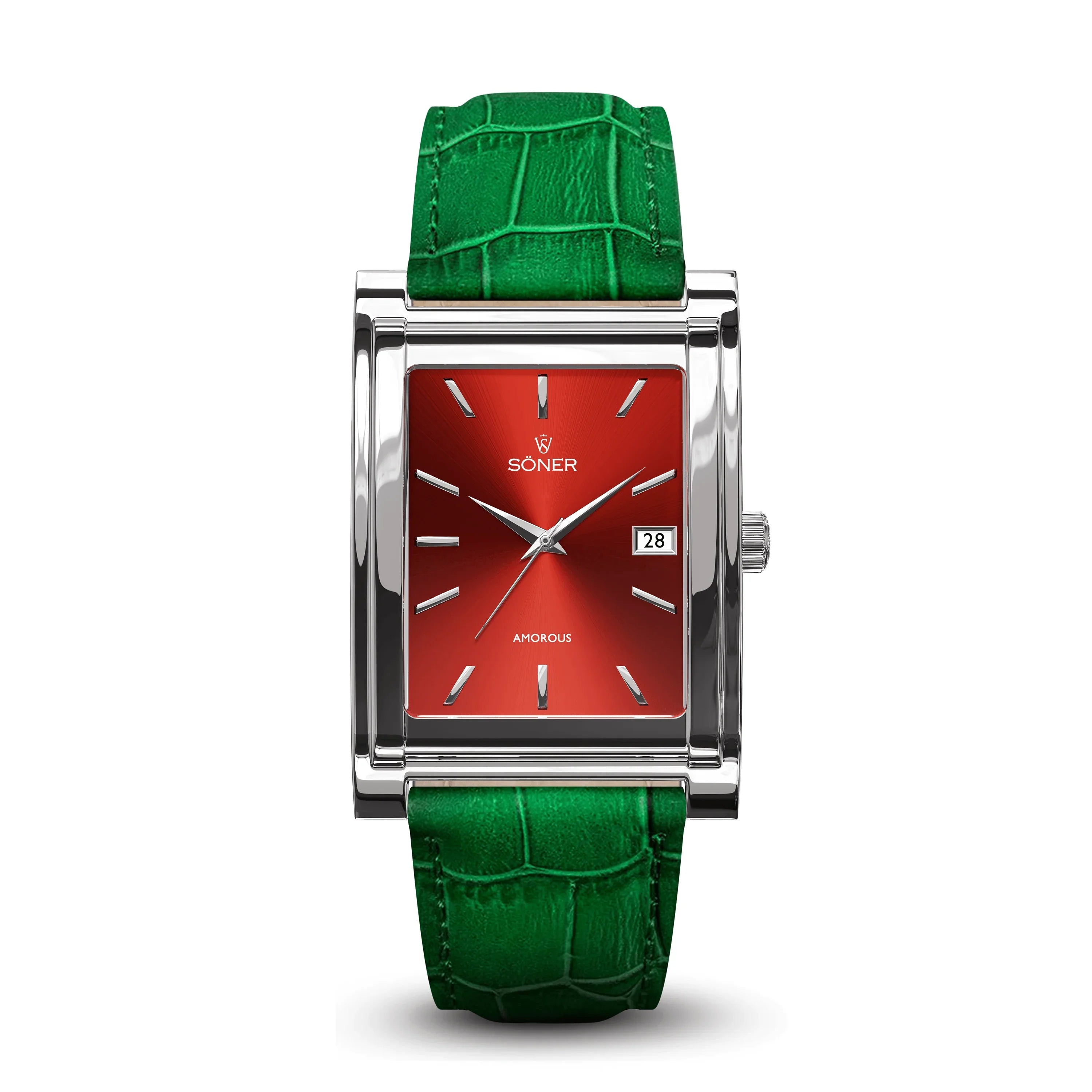 The Amorous Rio (Self-winding) by Söner is a rectangular wristwatch with a shiny silver frame, featuring a vibrant red dial, minimalist silver hour markers and hands, and includes a date display. It is paired with a textured green leather strap.