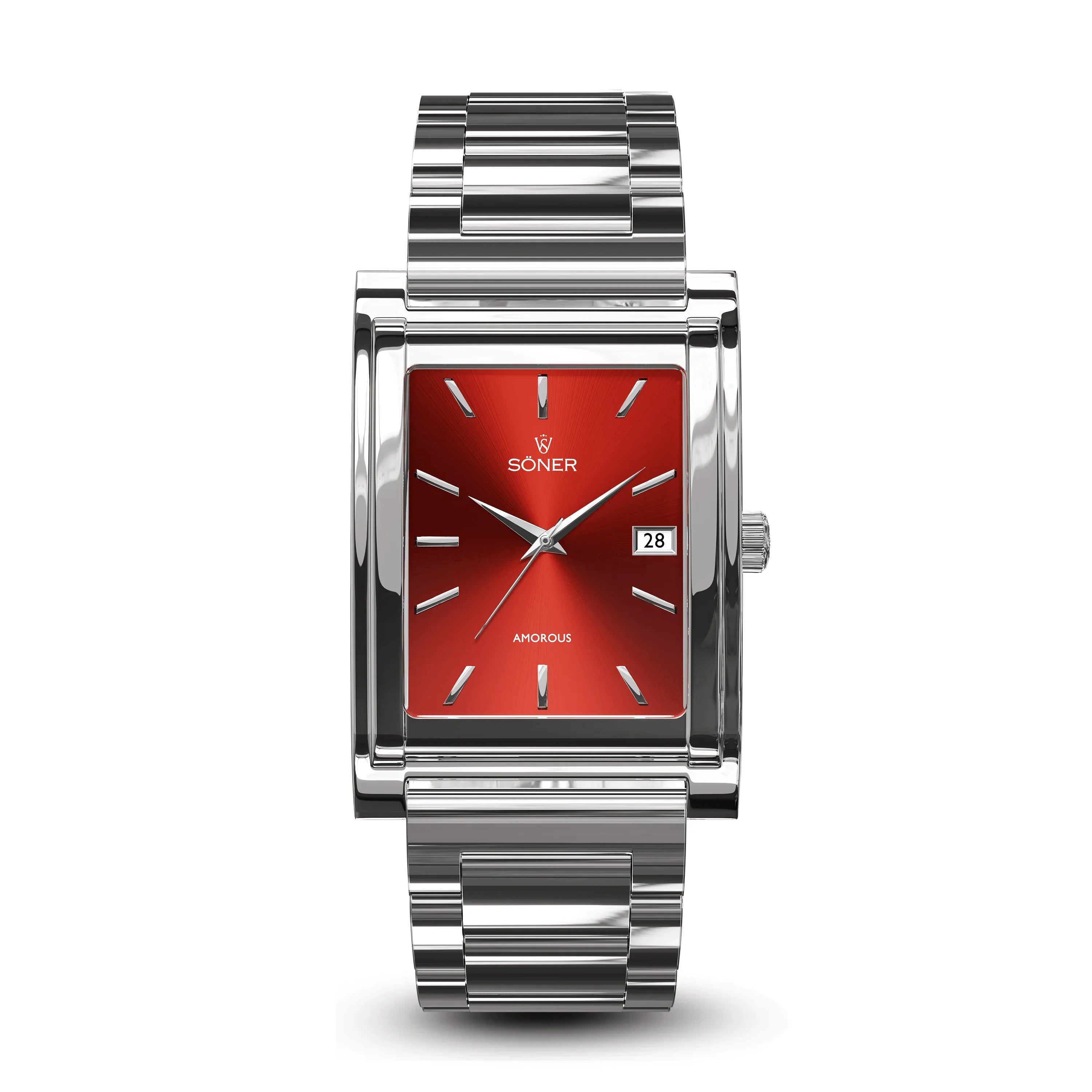 The Amorous Rio, a sophisticated rectangular watch by Söner, showcases a metallic case and a silver bracelet strap. It features an eye-catching red dial with silver hour markers and hands, and includes a date window positioned at three o'clock.