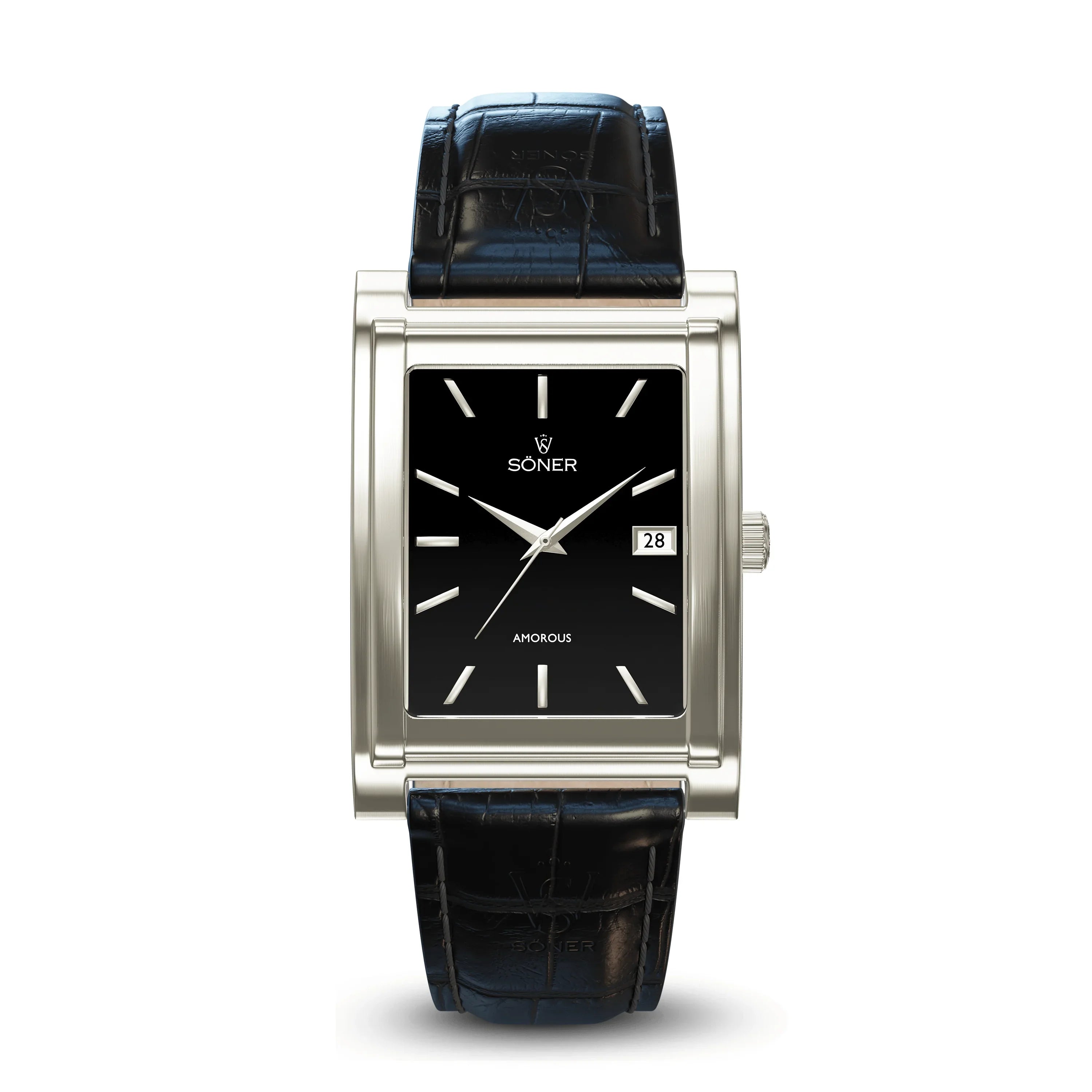 The Amorous Sydney, a self-winding model from Söner, features a rectangular silver case with a black dial adorned with silver hour markers and hands. It includes a textured black leather strap and offers the convenience of a date display at the 3 o'clock position.