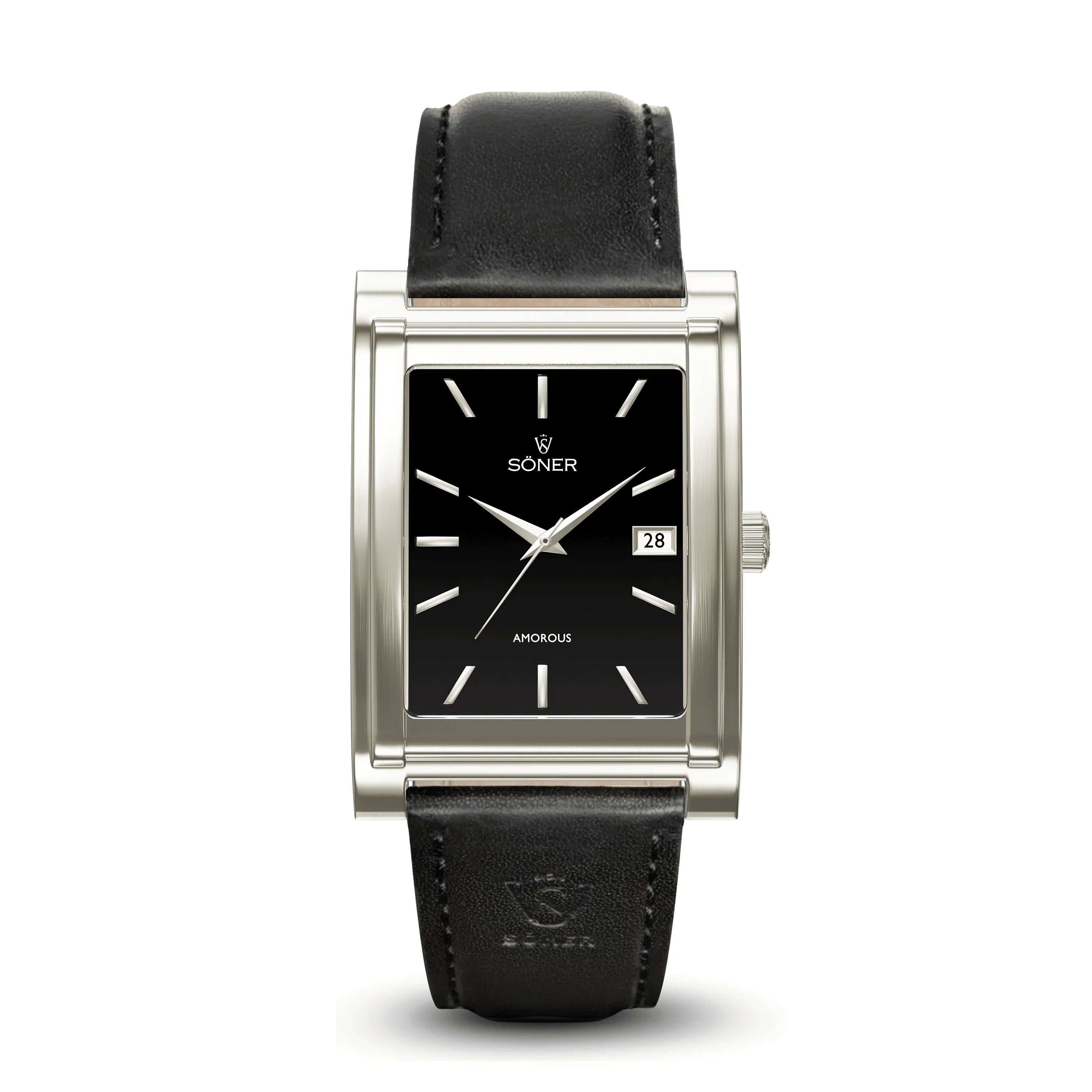 Amorous Sydney Automatic rectangular watch with a brushed stainless steel case, black onyx dial, date window at 3 o'clock, and a smooth black leather strap.