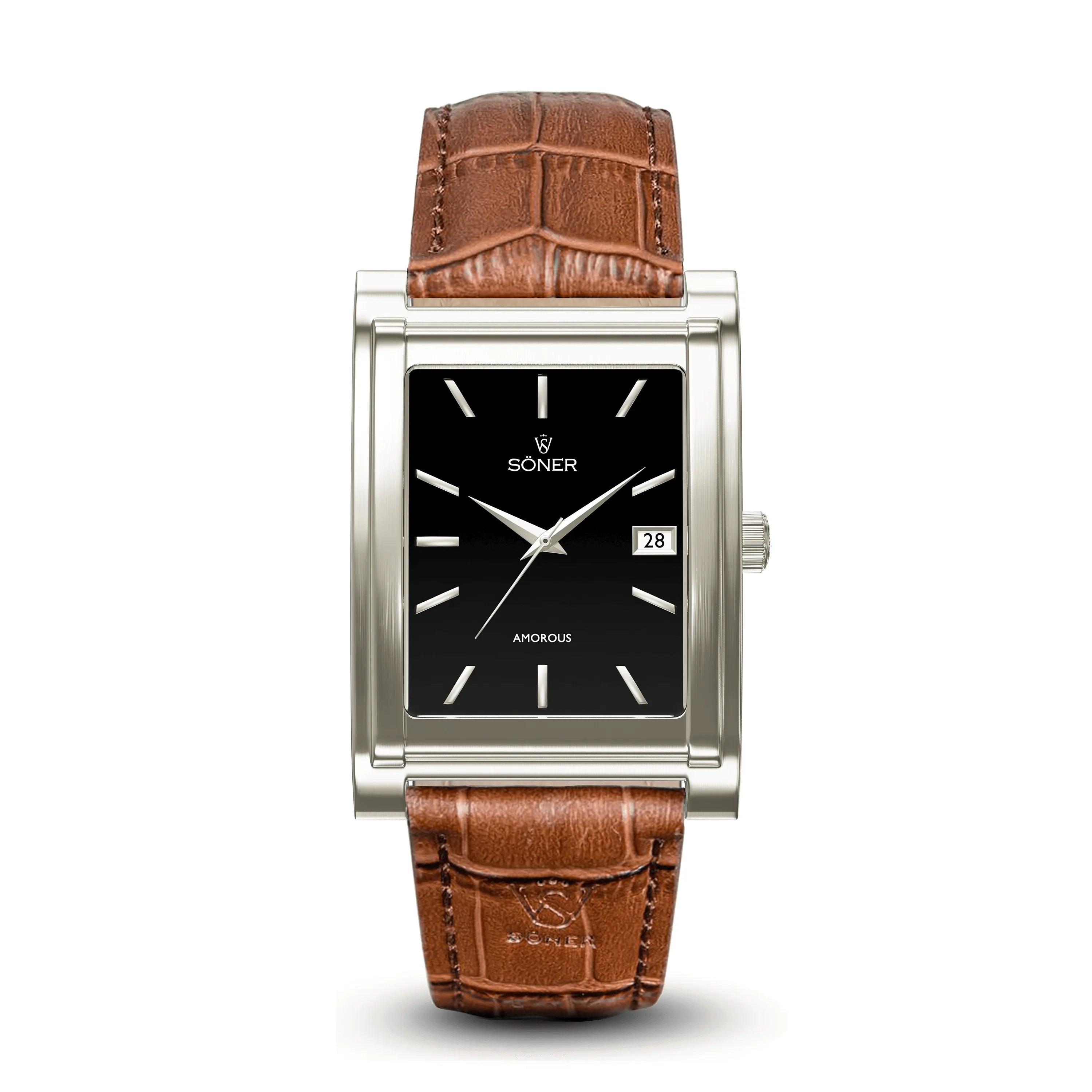 The Amorous Sydney is a rectangular self-winding wristwatch featuring a black dial, silver frame, and brown leather strap. It has silver hour markers and hands, along with a date display at 3 oclock.