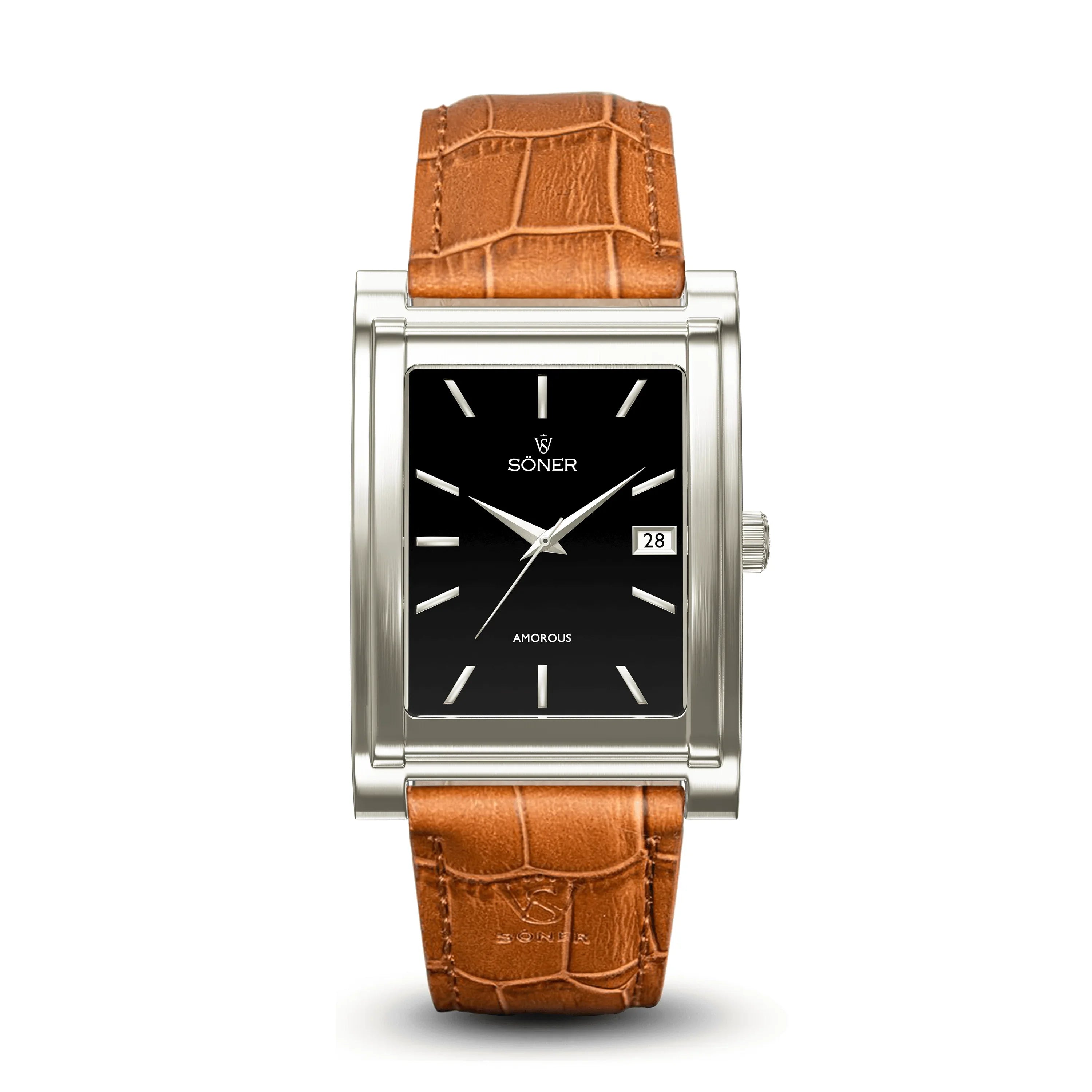 Amorous Sydney Automatic rectangular watch with a brushed stainless steel case, black onyx dial, date window at 3 o'clock, and a light brown crocodile-embossed leather strap.