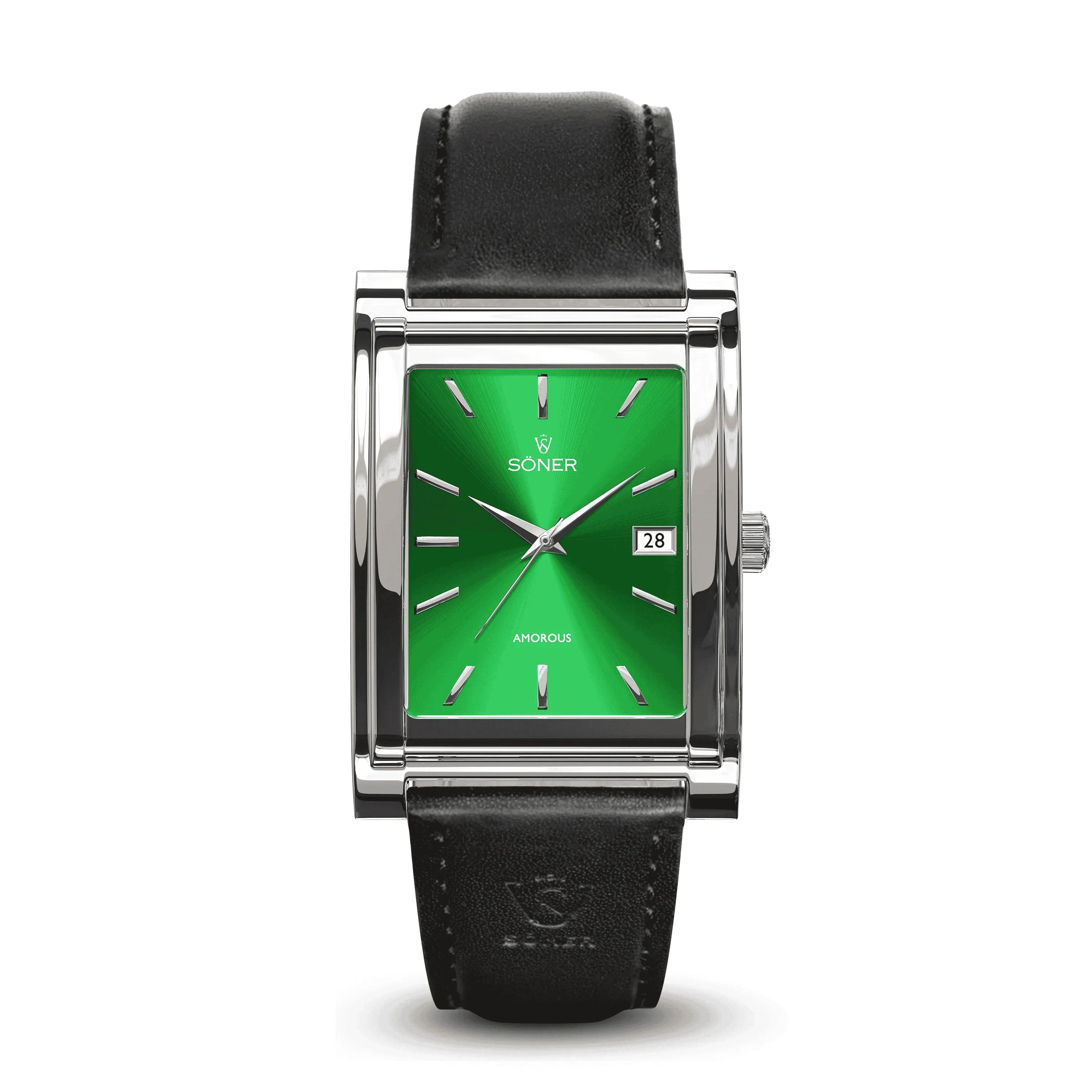 Rectangular Amorous Tokyo Automatic watch featuring a polished steel case, emerald green sunburst dial with date window, and a classic black leather strap.