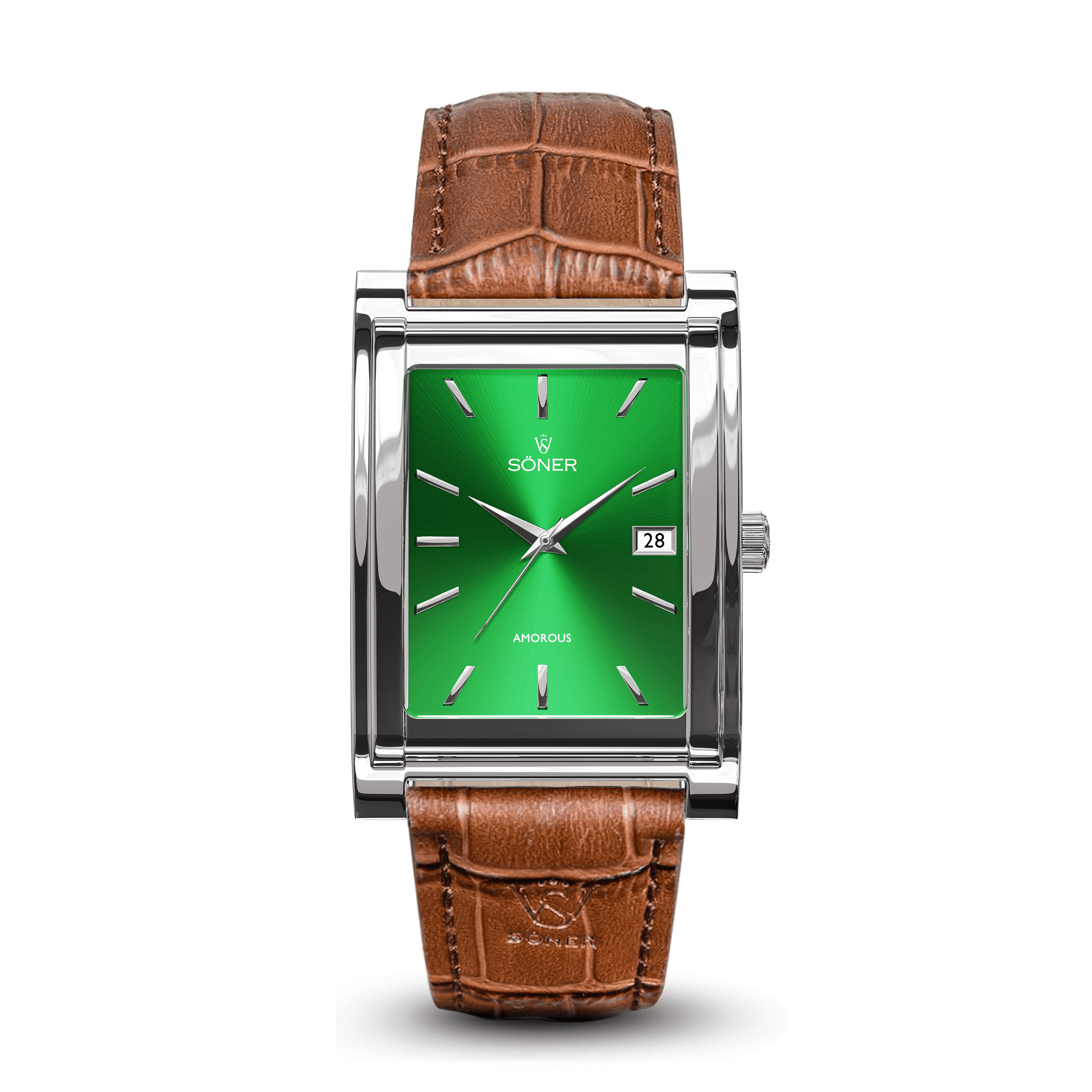 A rectangular watch with a sleek silver frame and green gradient dial features silver hour markers and hands, plus a date window at three oclock. Completing its elegant design is a brown textured leather strap.