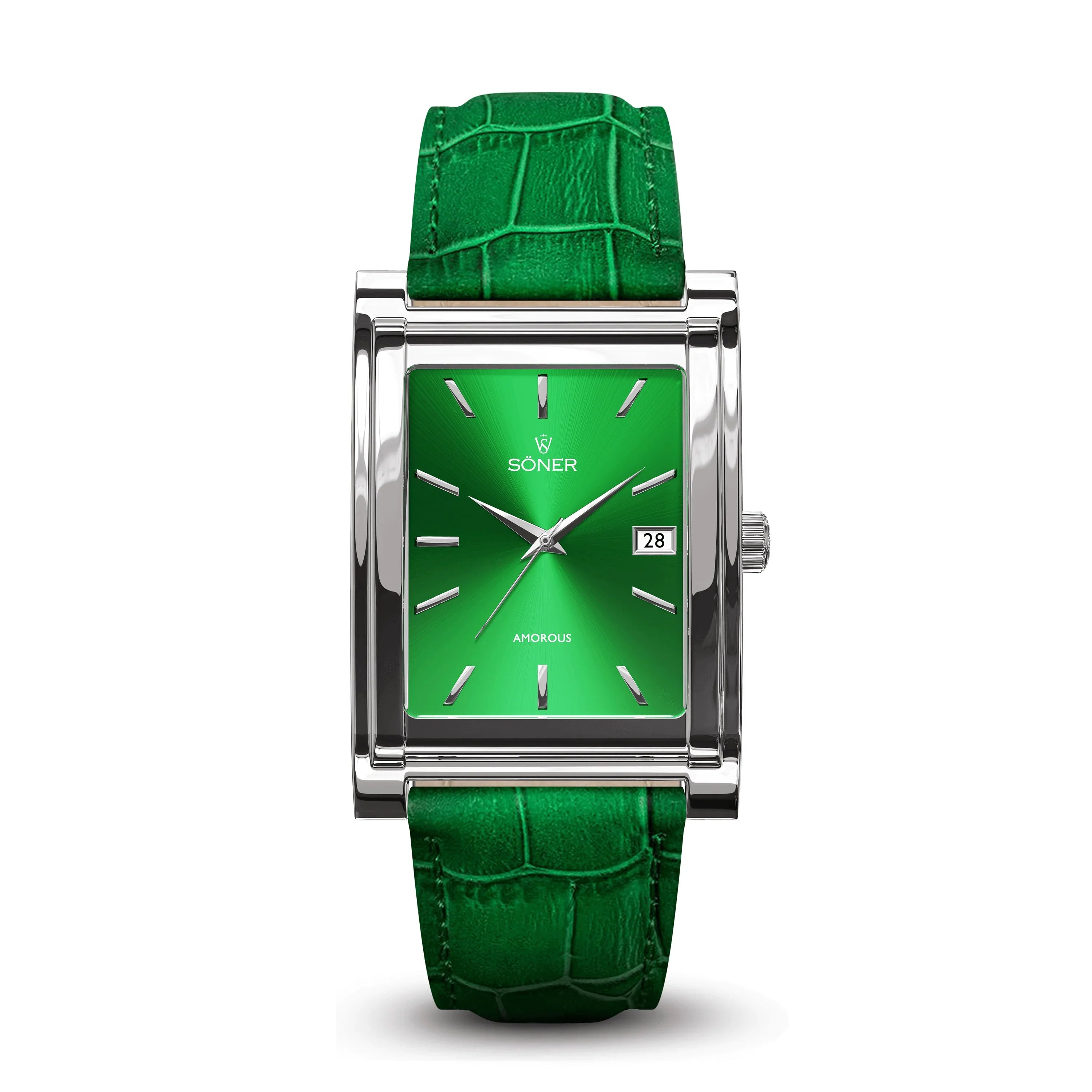 Rectangular Amorous Tokyo Automatic watch with a polished steel case, emerald green sunburst dial, date window, and a matching green crocodile grain leather strap.